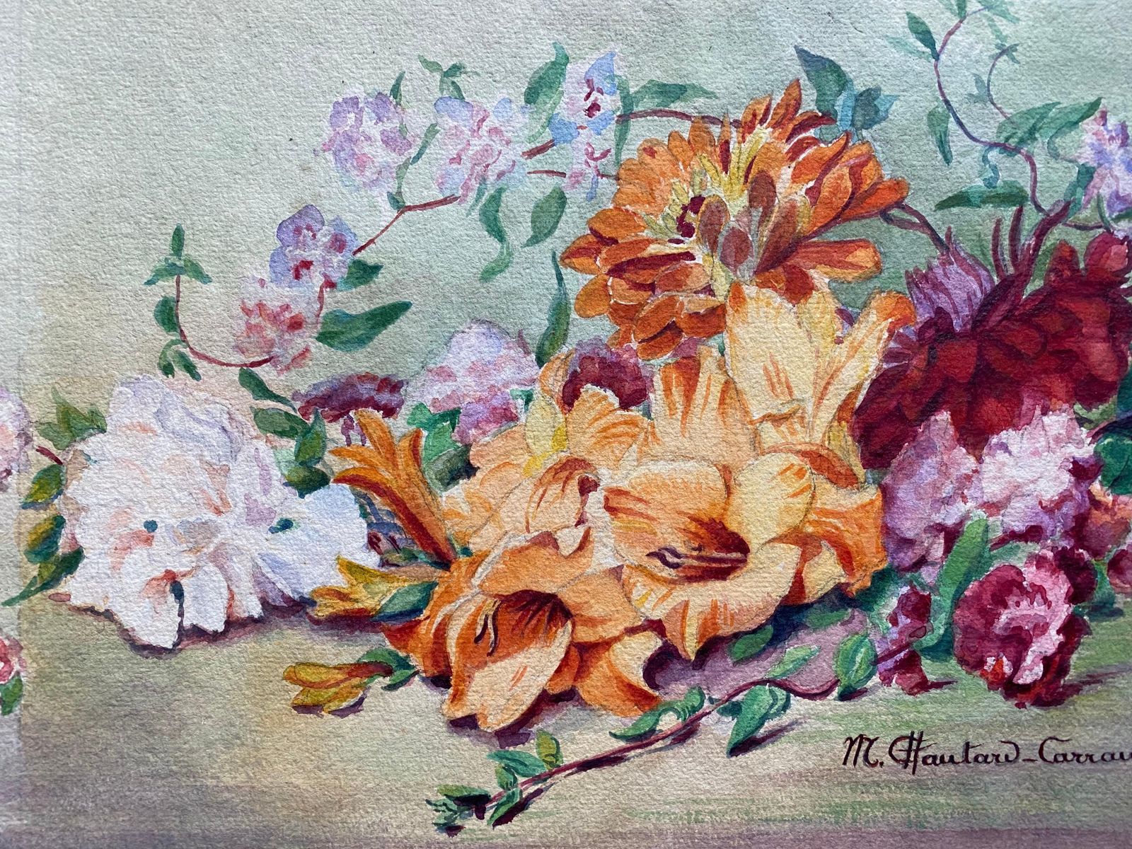 Unknown Early 1900's French Impressionist Signed Flower Watercolour By Marie Carreau Circa 1900s photo furniture