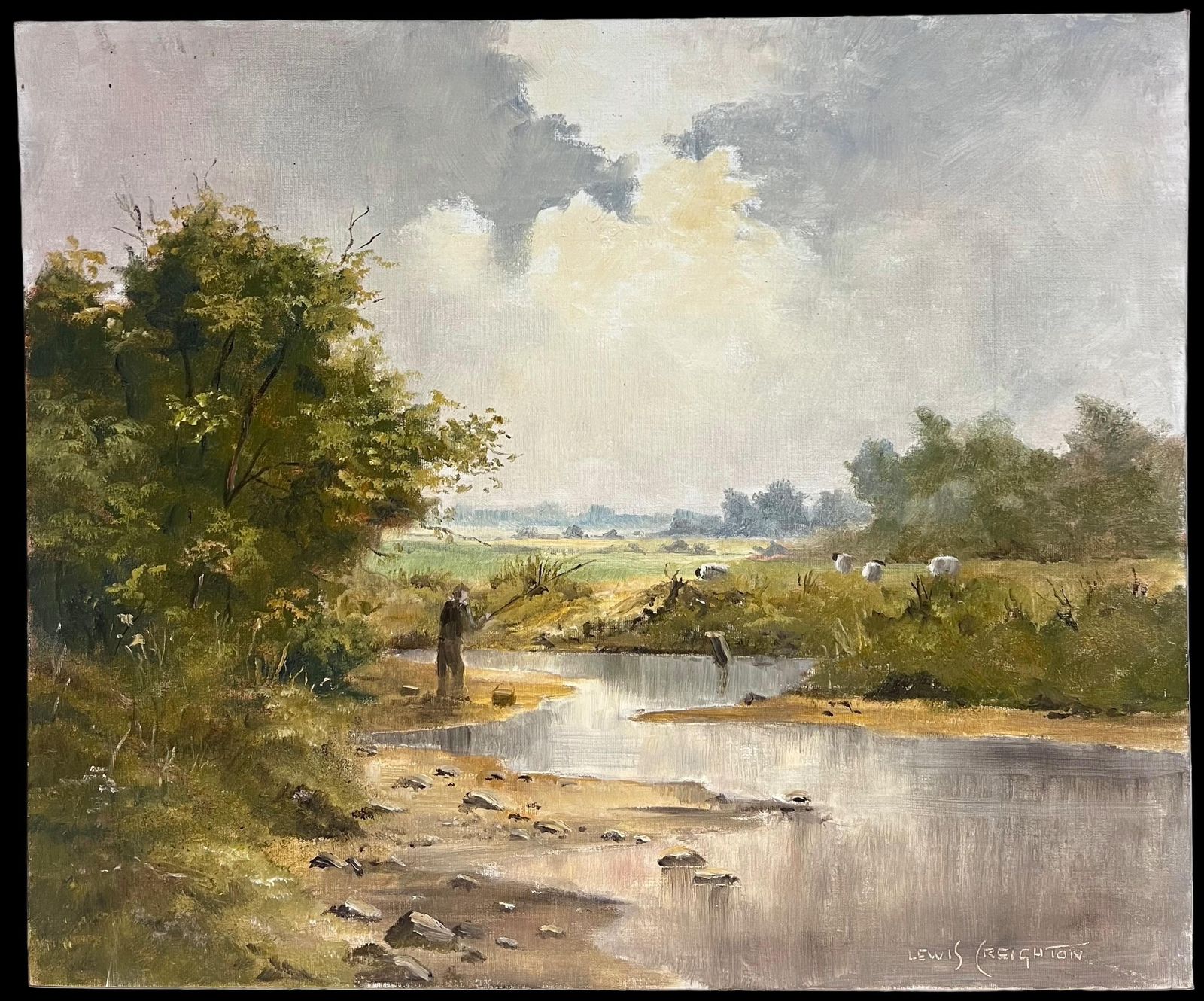Fishing In The Yorkshire Dales British Impressionist Oil Painting 20th C photo furniture