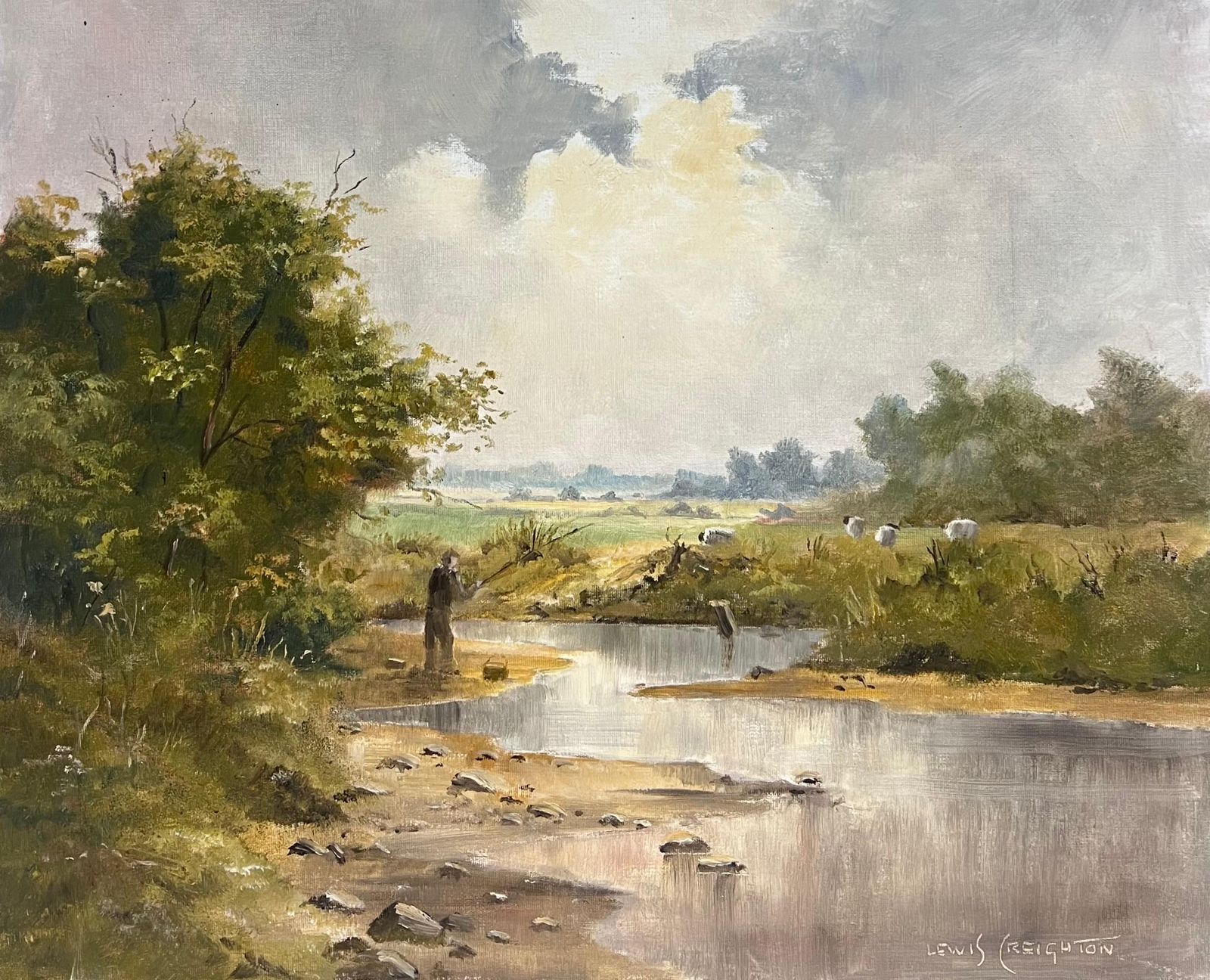 Fishing In The Yorkshire Dales British Impressionist Oil Painting 20th C photo buy