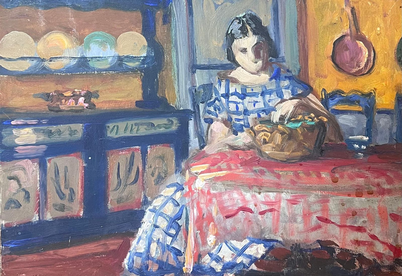 French School 1930's French Post Impressionist Oil Lady Seated Kitchen Table Interior Dresser 1930's