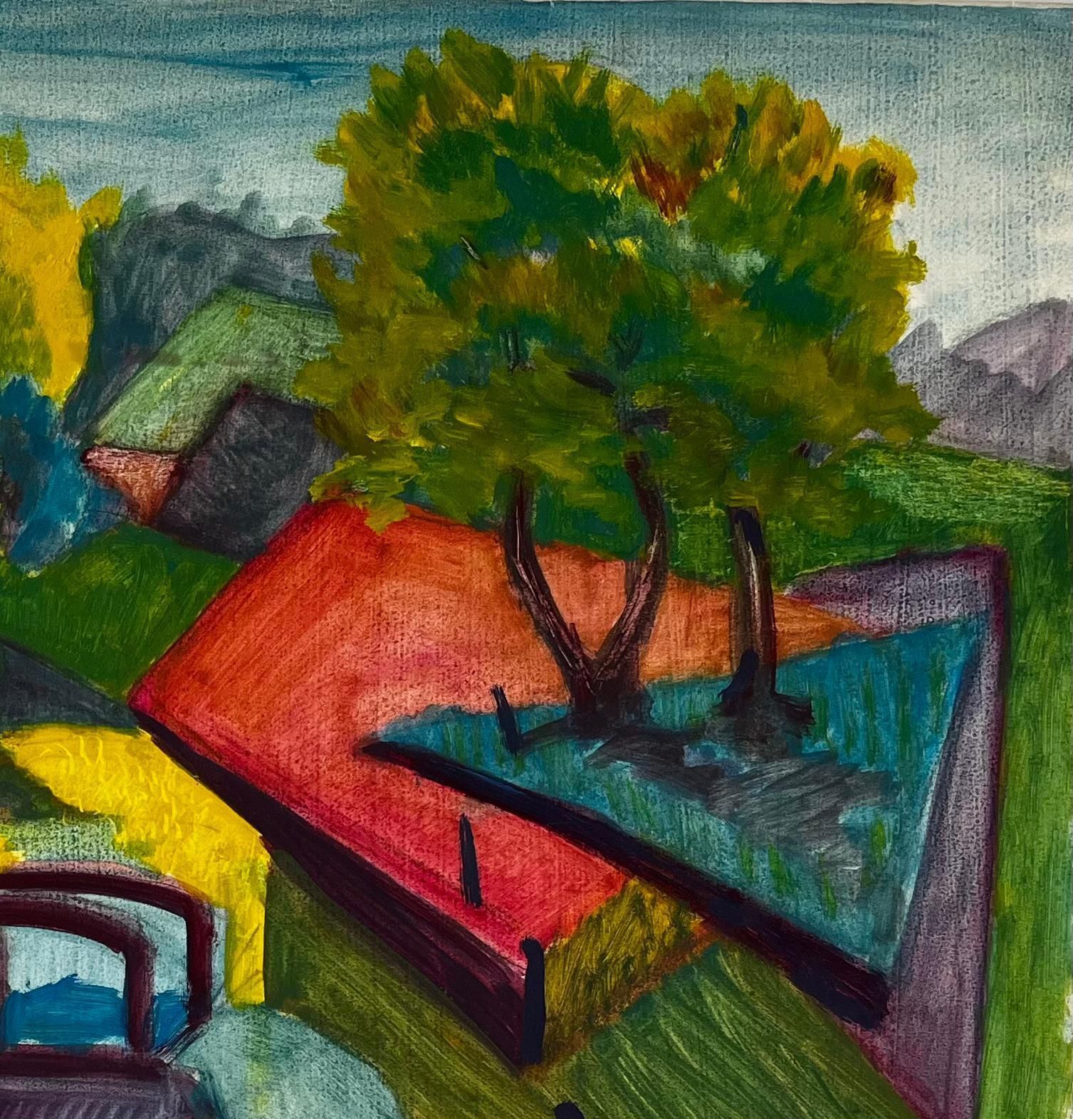Cubist Gouache French Landscape With Yellow Path Trees Houses And Fields photo furniture