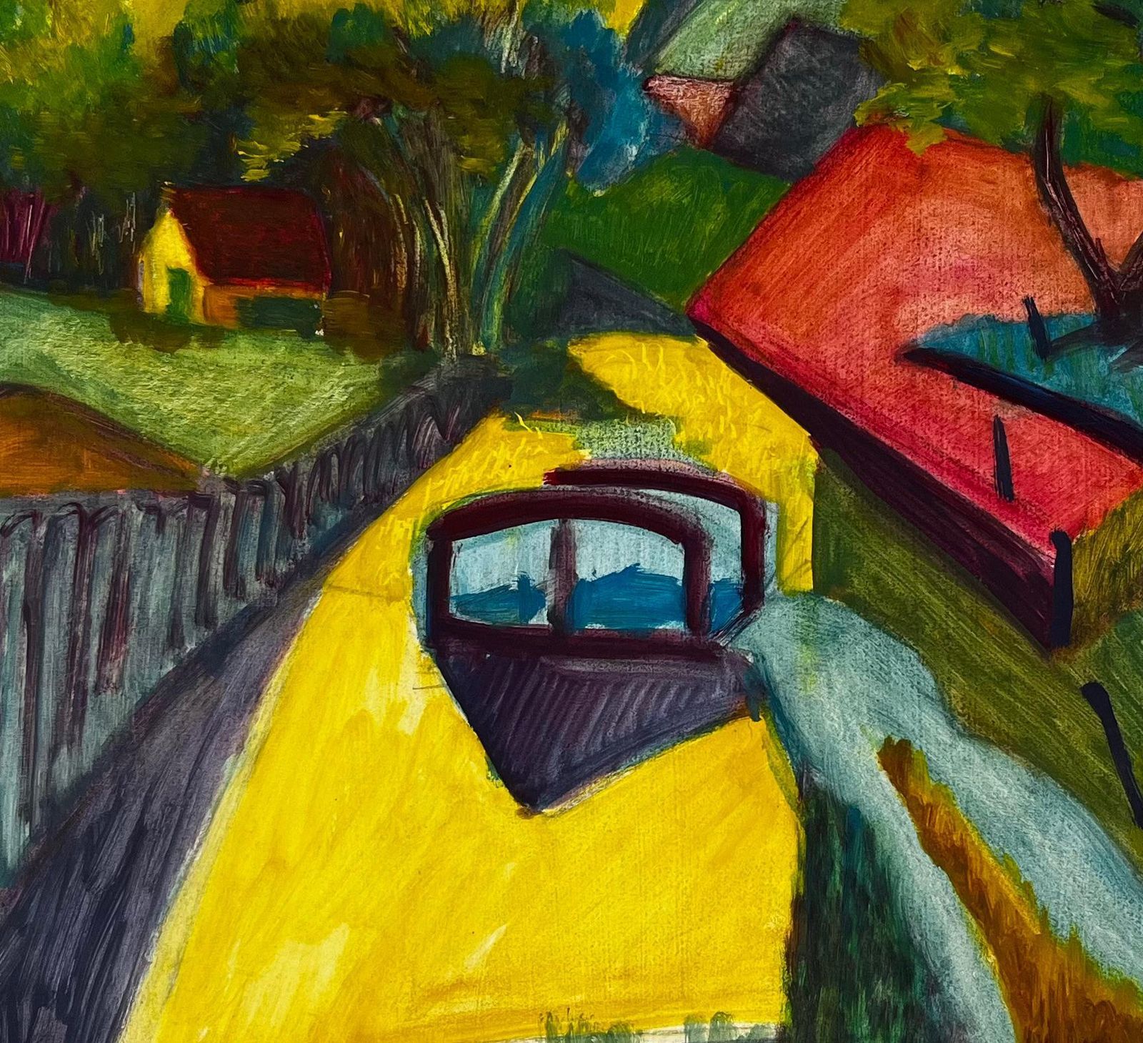 Cubist Gouache French Landscape With Yellow Path Trees Houses And Fields photo vinterior
