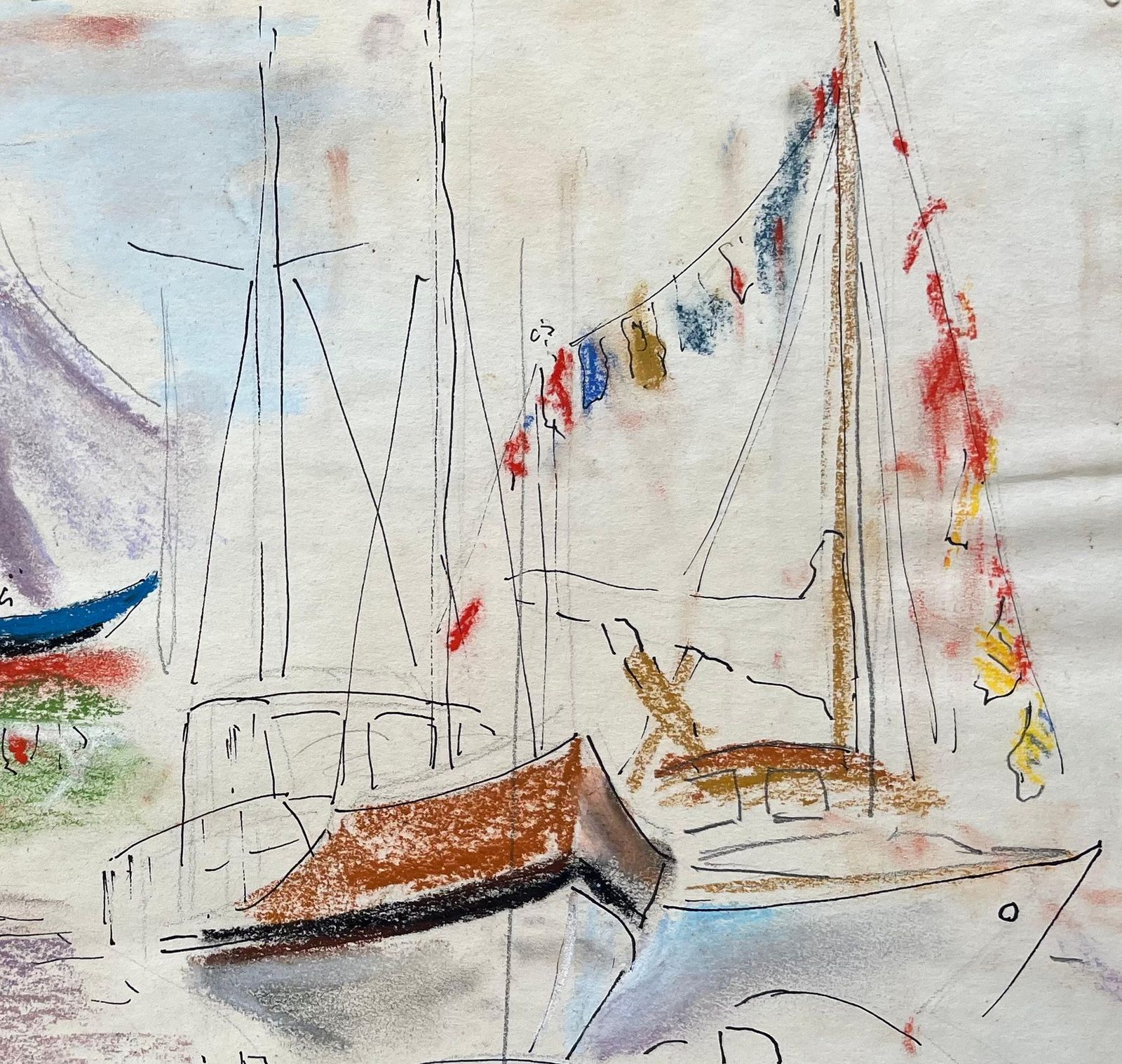 Anne Marie Migette Perard Mid 20th Century Post Impressionist Pastel Drawing Of Colourful Marina Scene photo Art