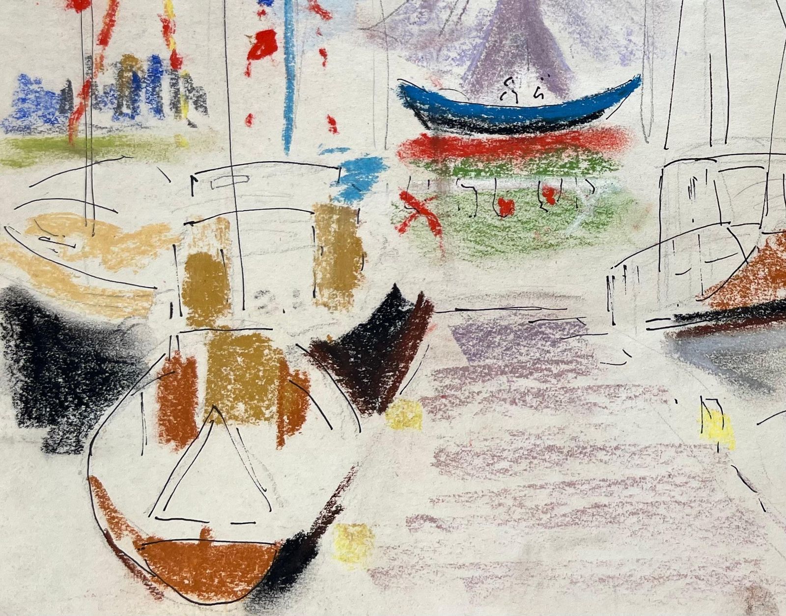 Anne Marie Migette Perard Mid 20th Century Post Impressionist Pastel Drawing Of Colourful Marina Scene photo 495.0
