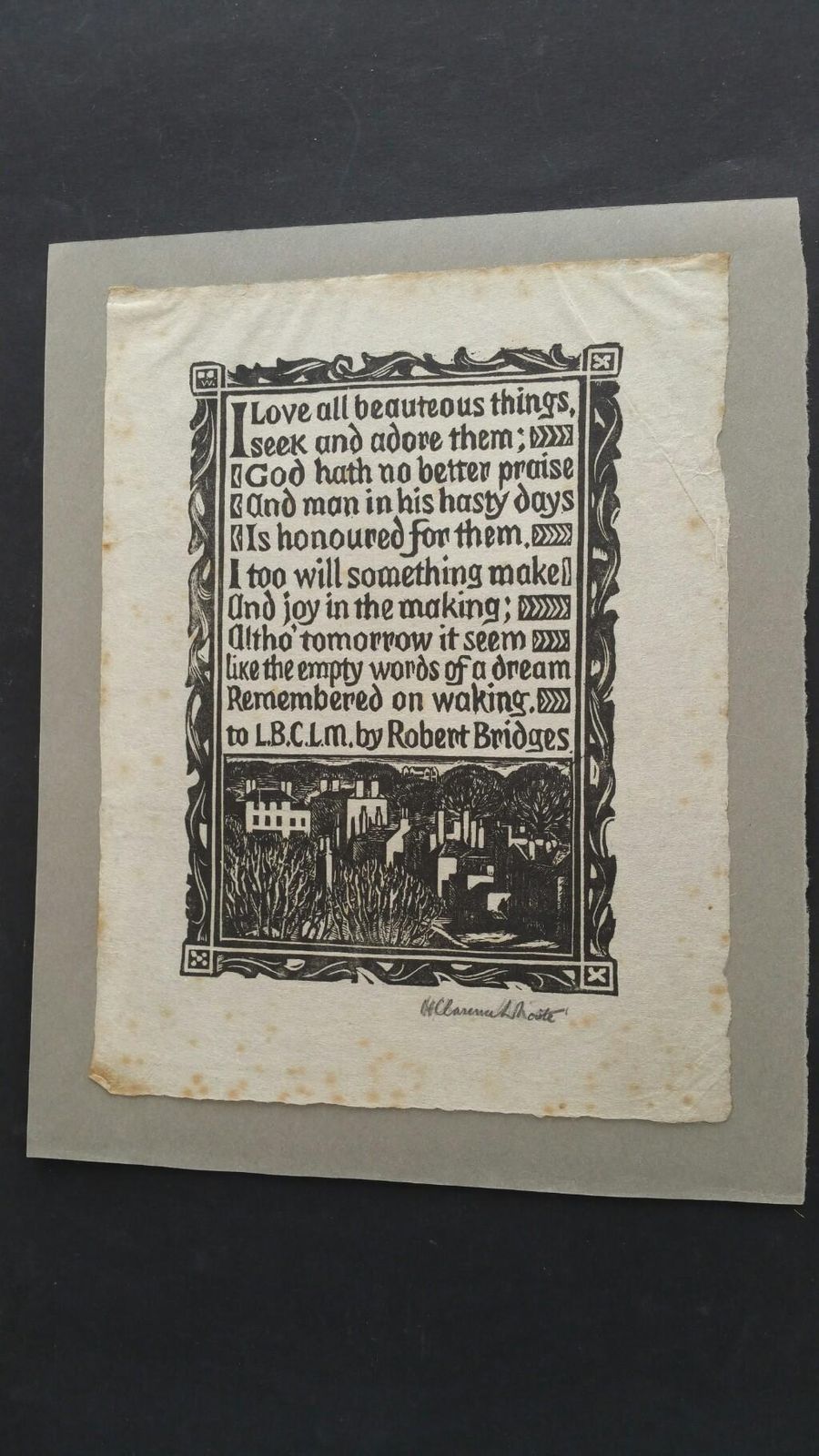 Unknown English Antique Woodcut Engraving, Signed, Of Prose By Robert Bridges Circa 1920 1930 photo Art