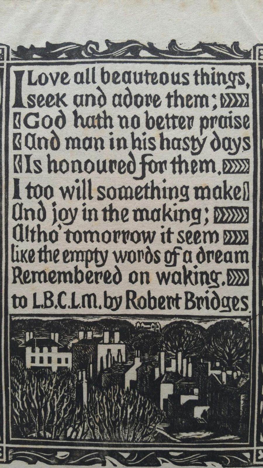 Unknown English Antique Woodcut Engraving, Signed, Of Prose By Robert Bridges Circa 1920 1930 photo vinterior