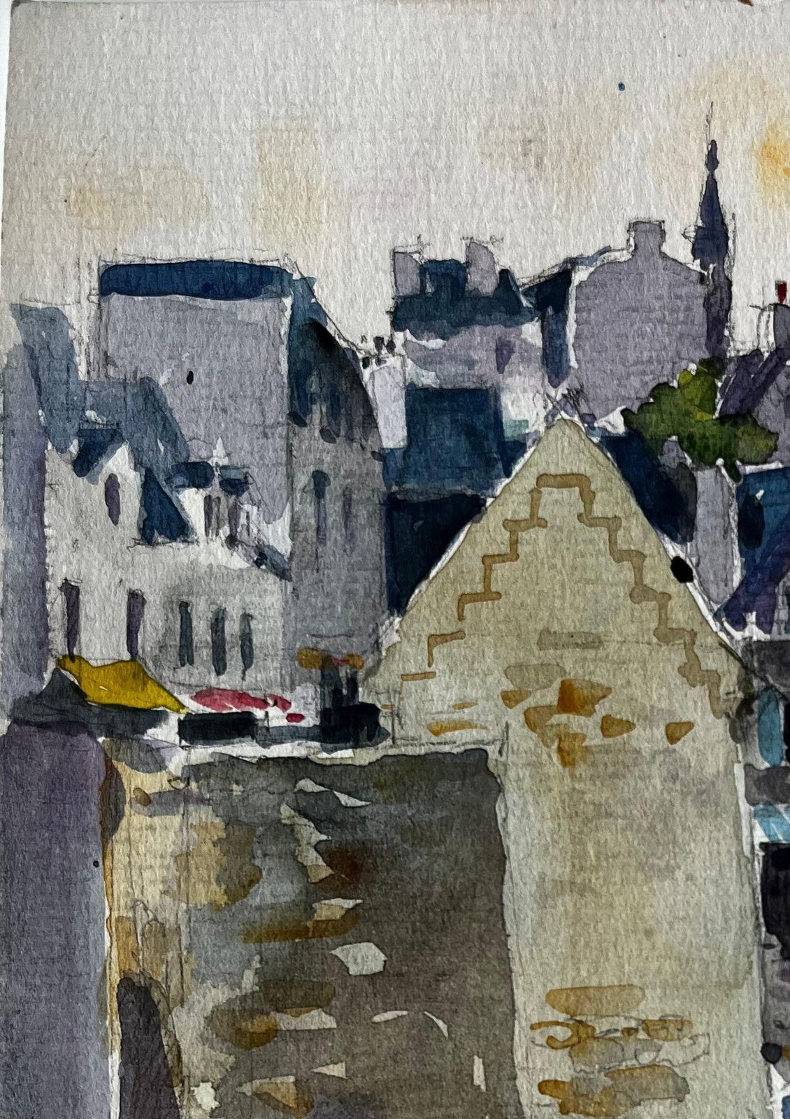 Pierre Neveu French Harbour Scene With Boats And Stone Buildings Brittany Coastal Watercolour