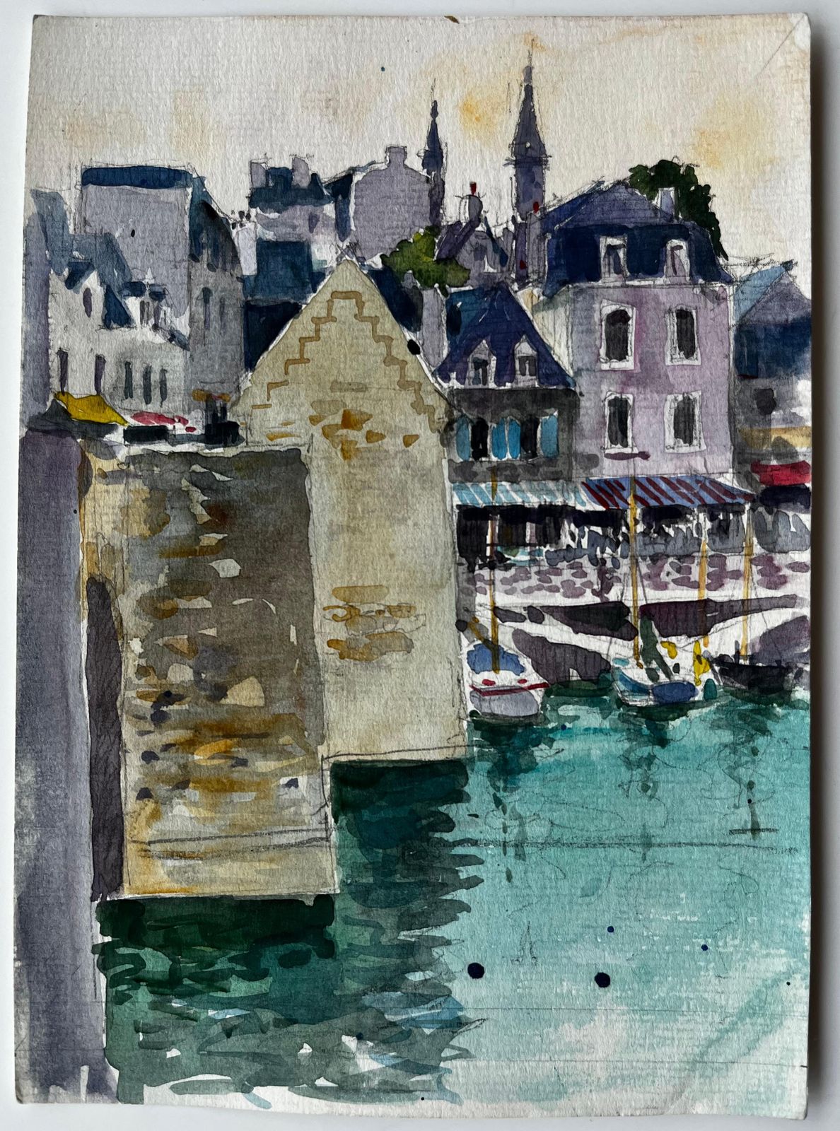 Pierre Neveu French Harbour Scene With Boats And Stone Buildings Brittany Coastal Watercolour photo buy