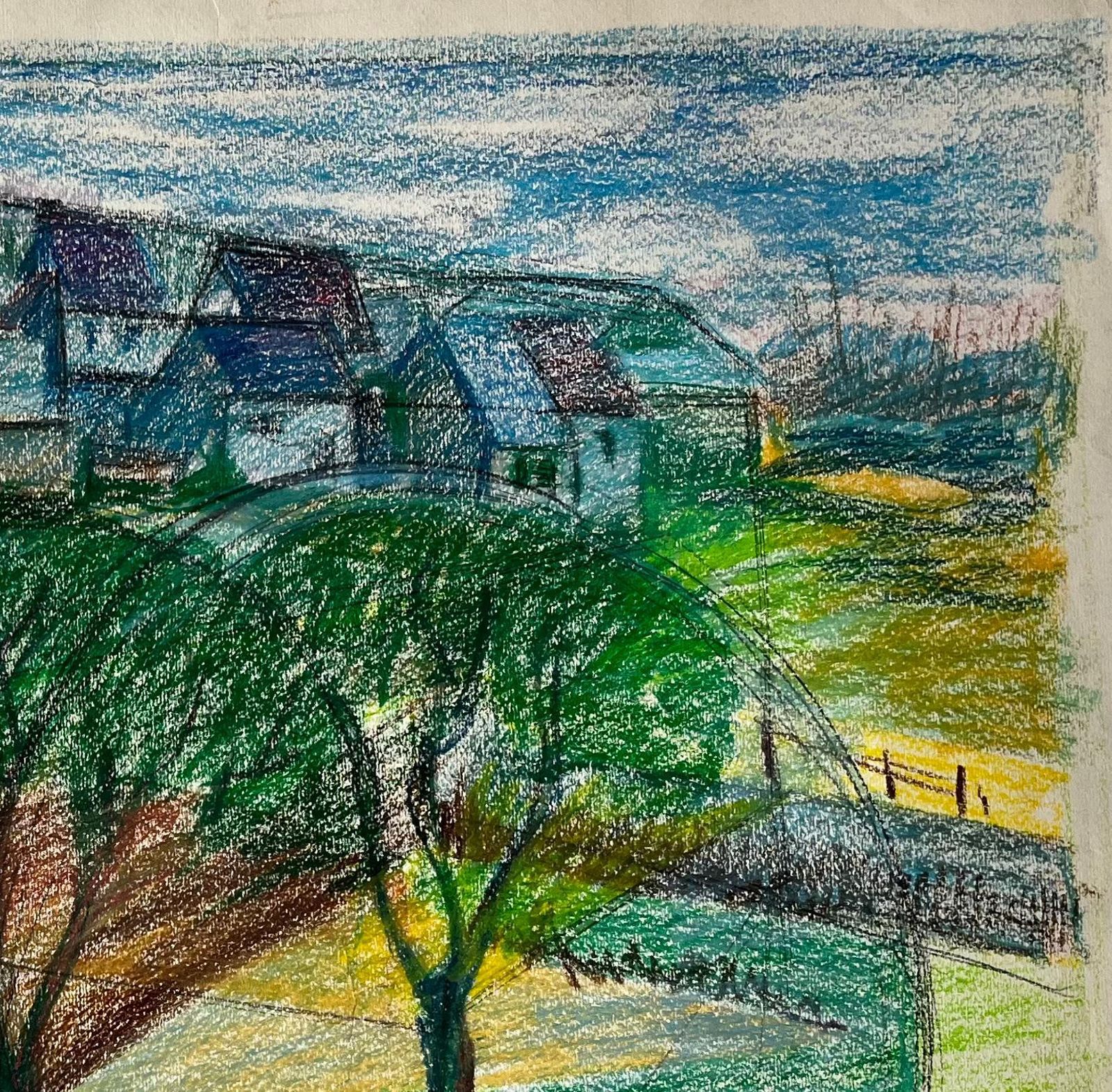 French Village Landscape With Trees And Hilltop Houses Pastel Drawing photo for sale