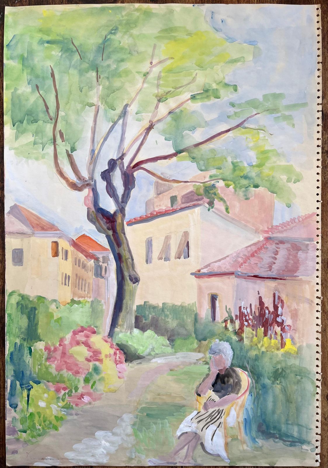 Anne Marie Migette Perard Mid Century French Watercolour Of Woman Seated In Garden With Pink Flowers photo furniture