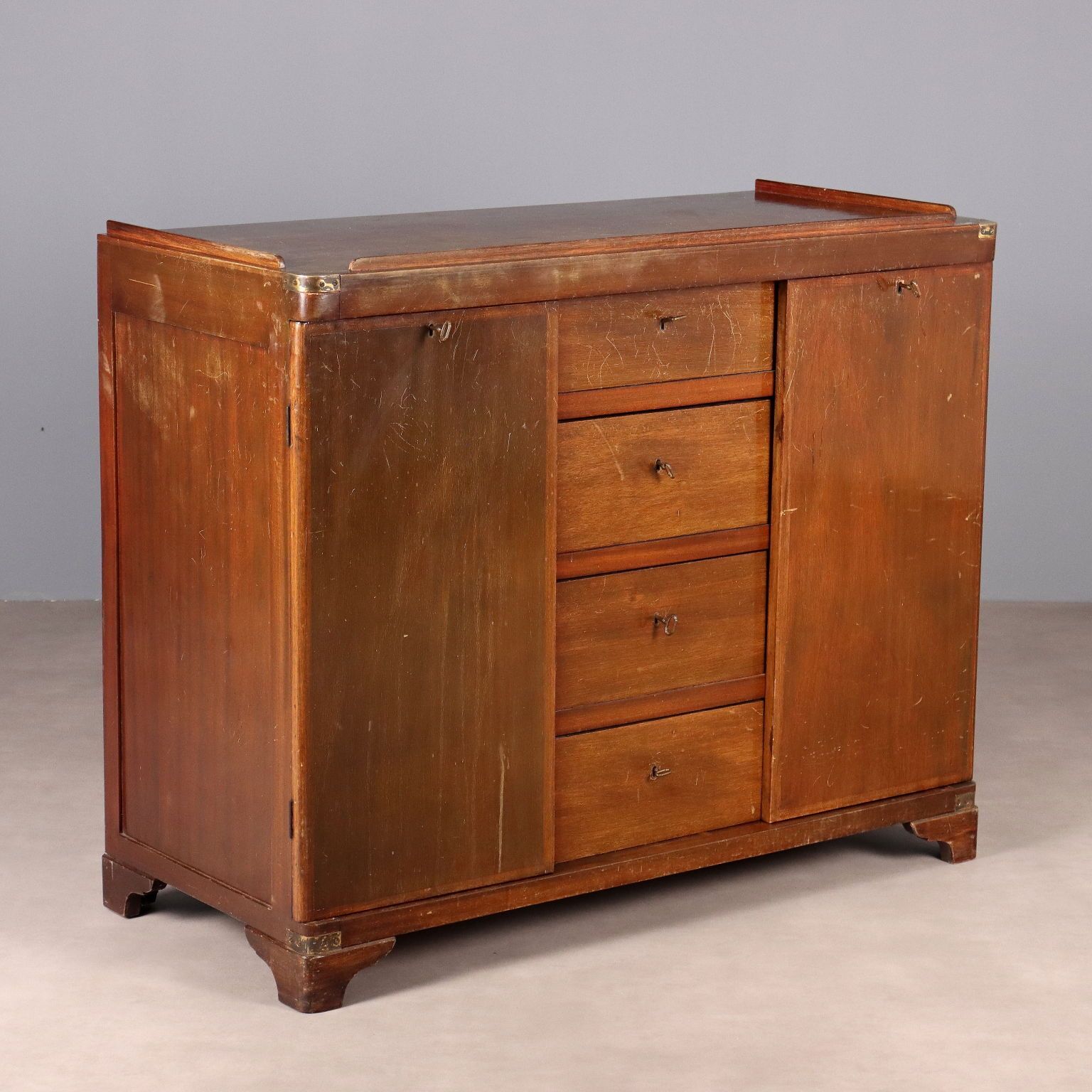 Antique Chest Of Drawers Mahogany Brass 4 Drawers XX Century