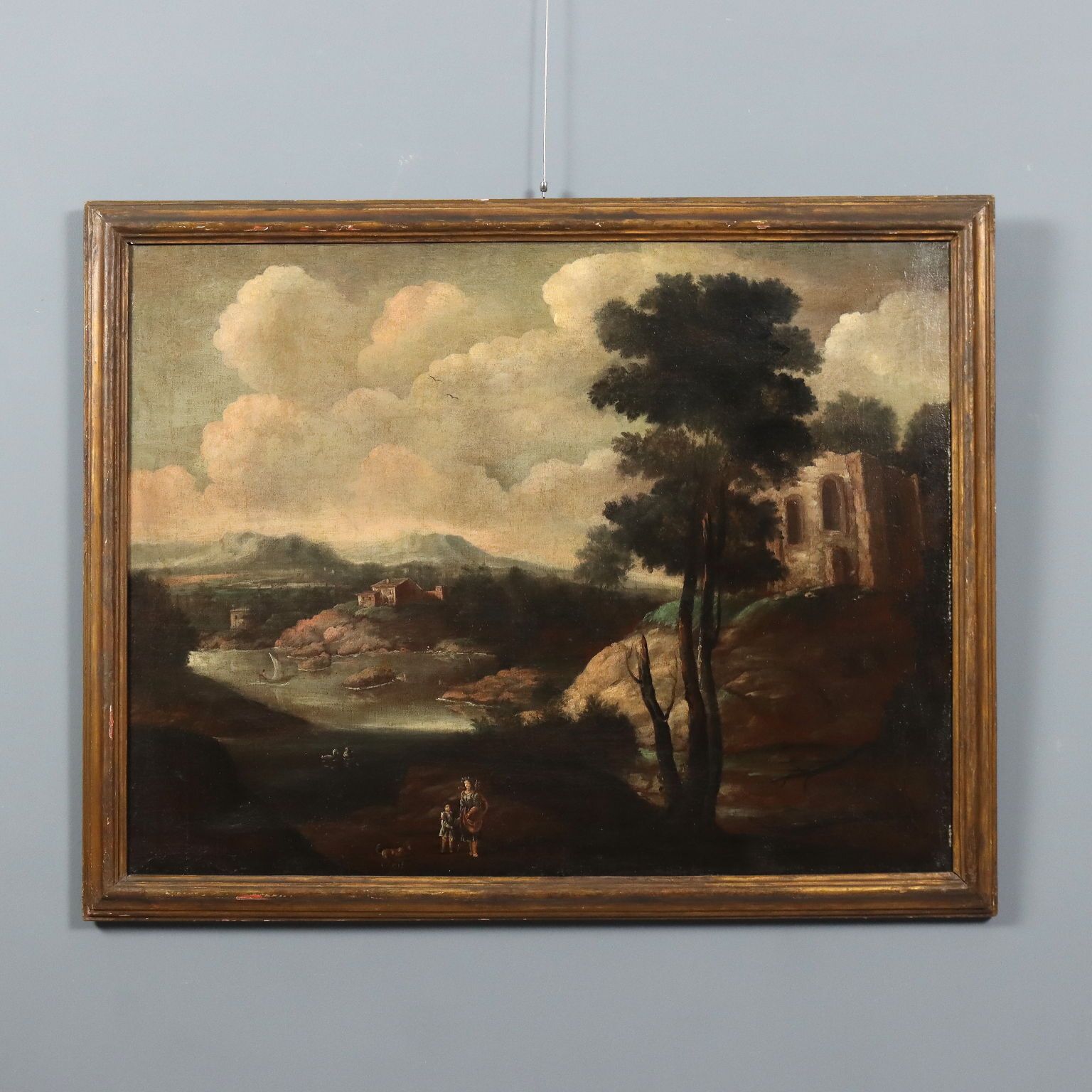 Antique Painting Landscape With Building Oil On Canvas XVIII Century