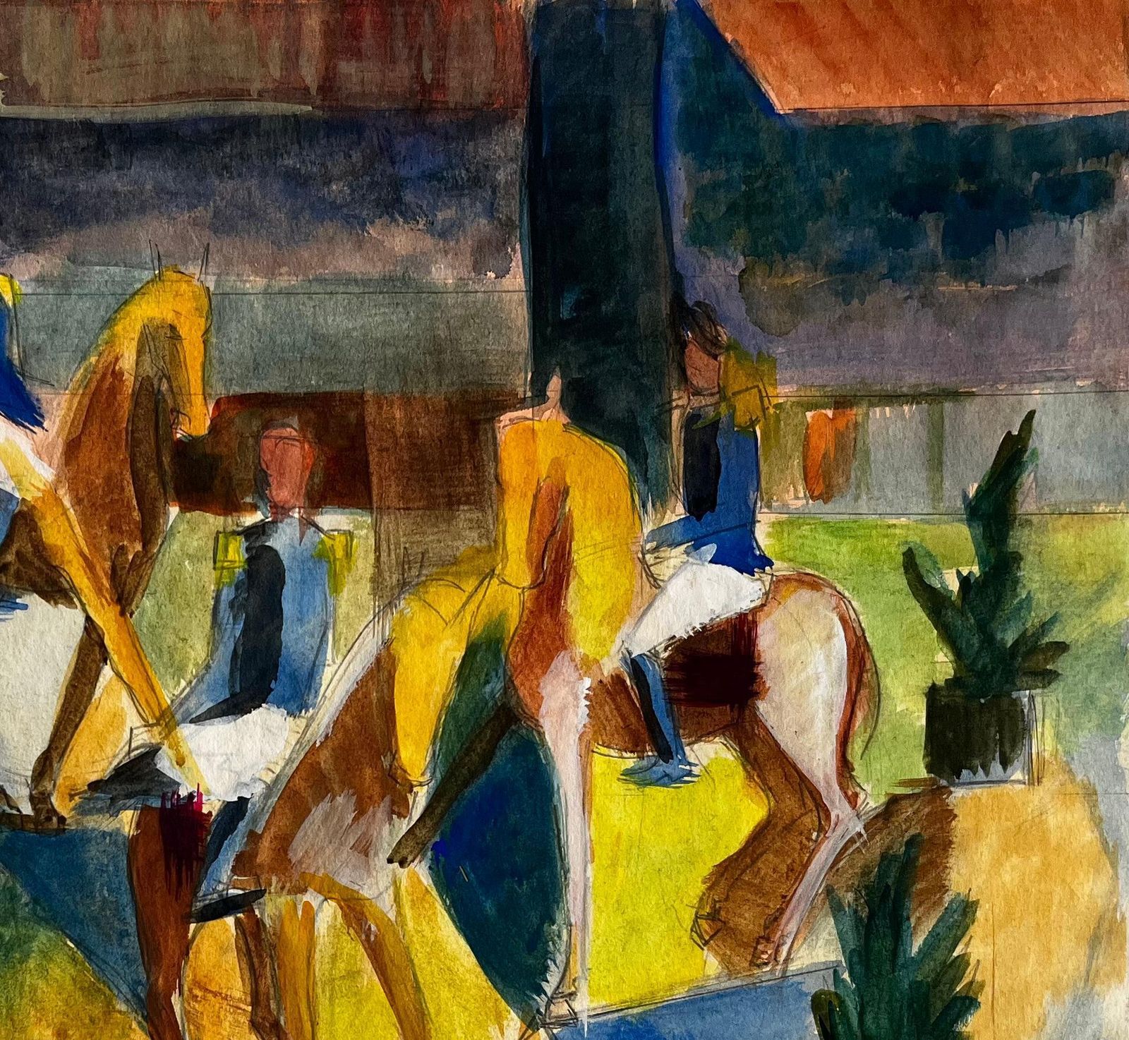 Guy Nicod Equestrian Riders With Horses In Arena French Modernist Watercolour Gouache photo Art