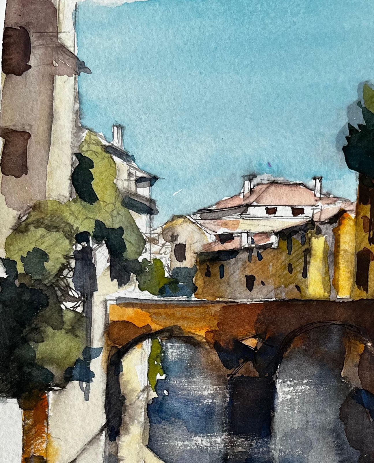 Pierre Neveu Provence Stone Bridge Village Scene Watercolour French Post Impressionist photo for sale