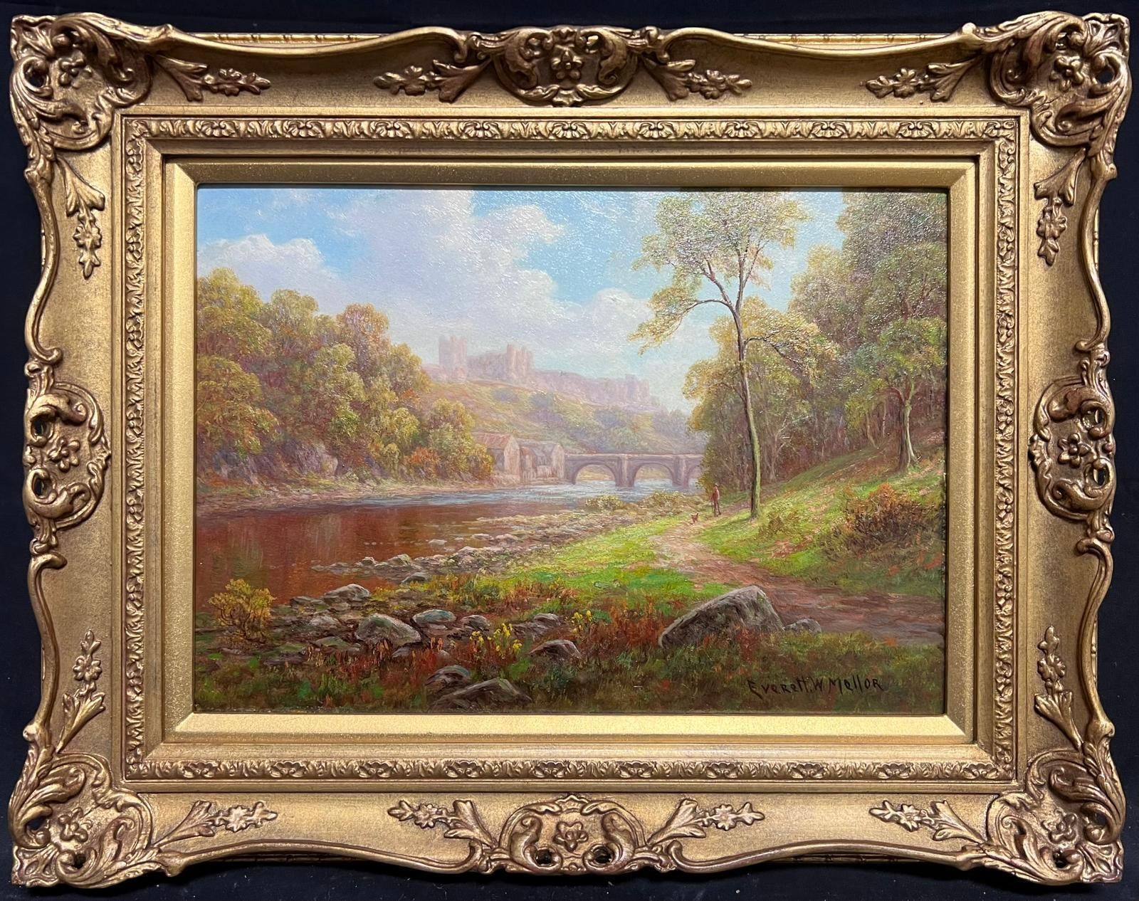 Everett W Mellor Antique English Oil Tranquil Riverside Landscape Richmond Castle Yorkshire