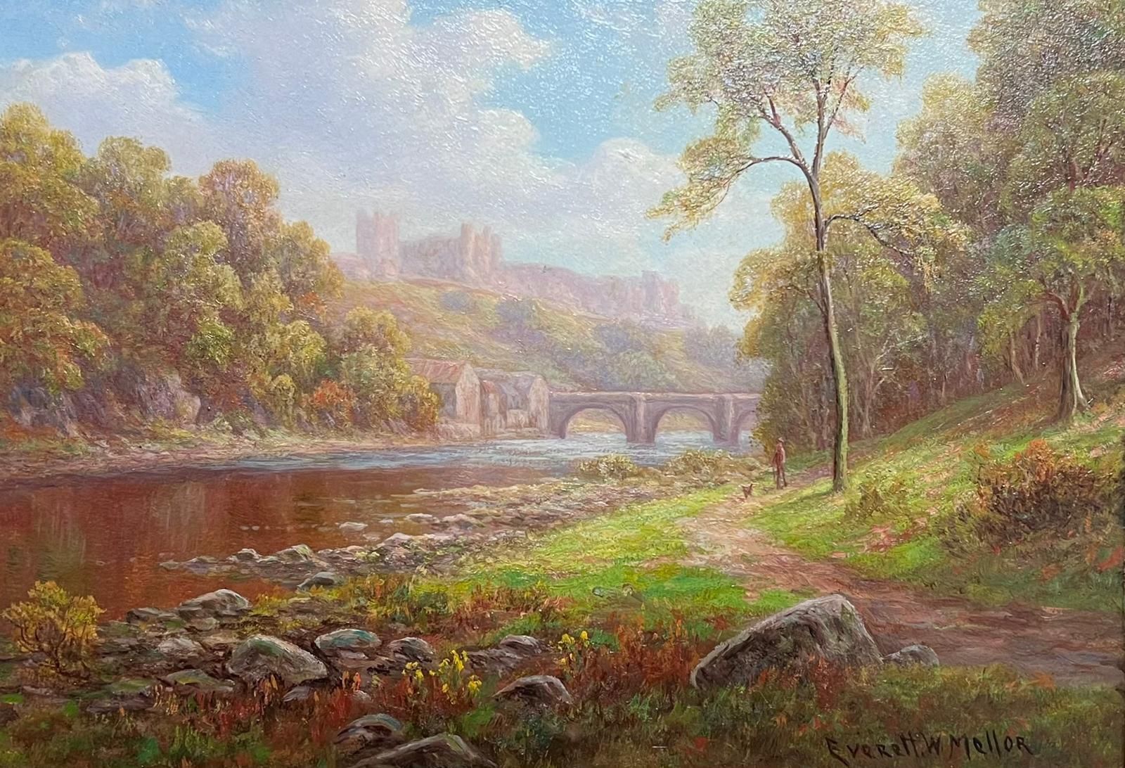 Everett W Mellor Antique English Oil Tranquil Riverside Landscape Richmond Castle Yorkshire photo furniture