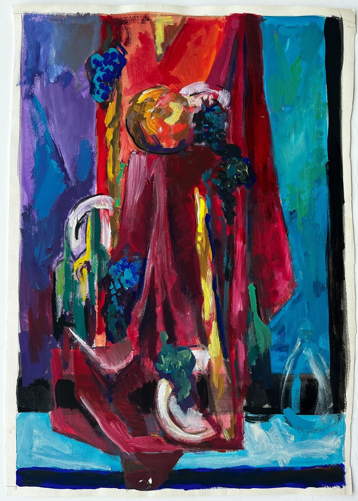 Guy Nicod Still Life With Red Drapery Fruit And Blue Background French Modernist Gouache photo furniture