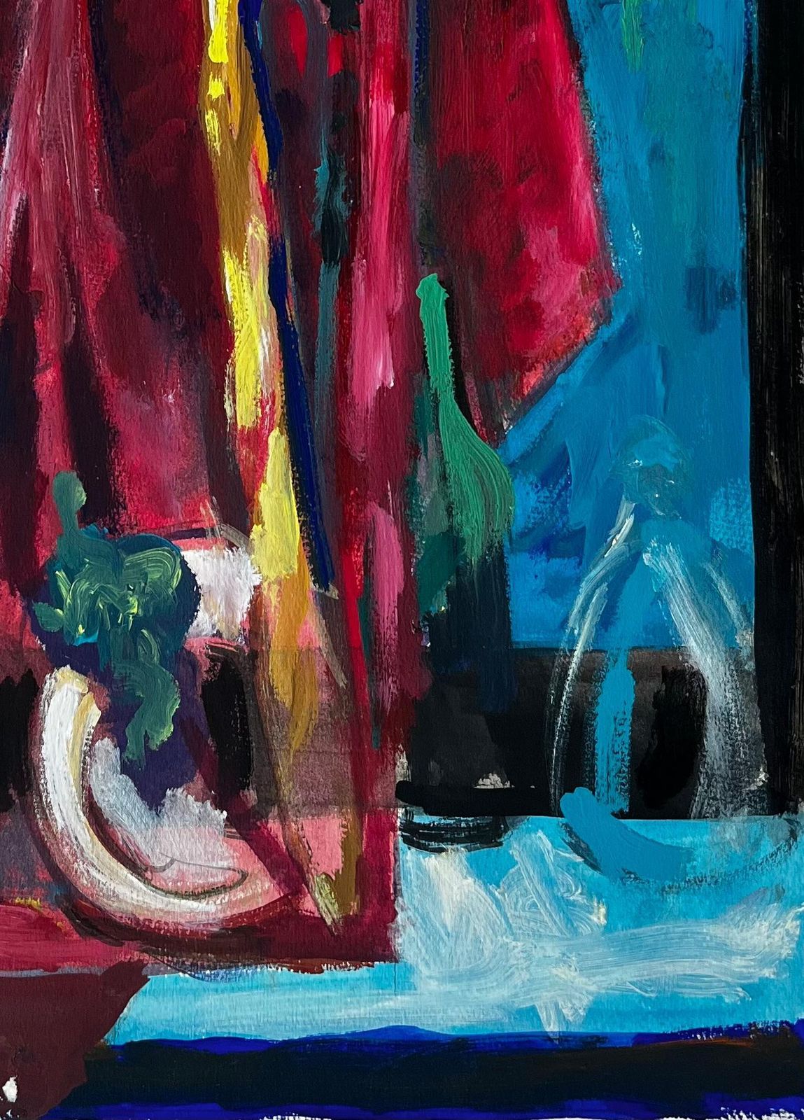 Guy Nicod Still Life With Red Drapery Fruit And Blue Background French Modernist Gouache photo vinterior