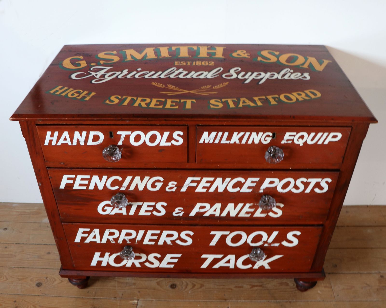 A Lovely Victorian Painted Pine Chest Of Four Drawers,  Sign Written For The Smiths Agricultural Merchants Of Stafford. photo furniture