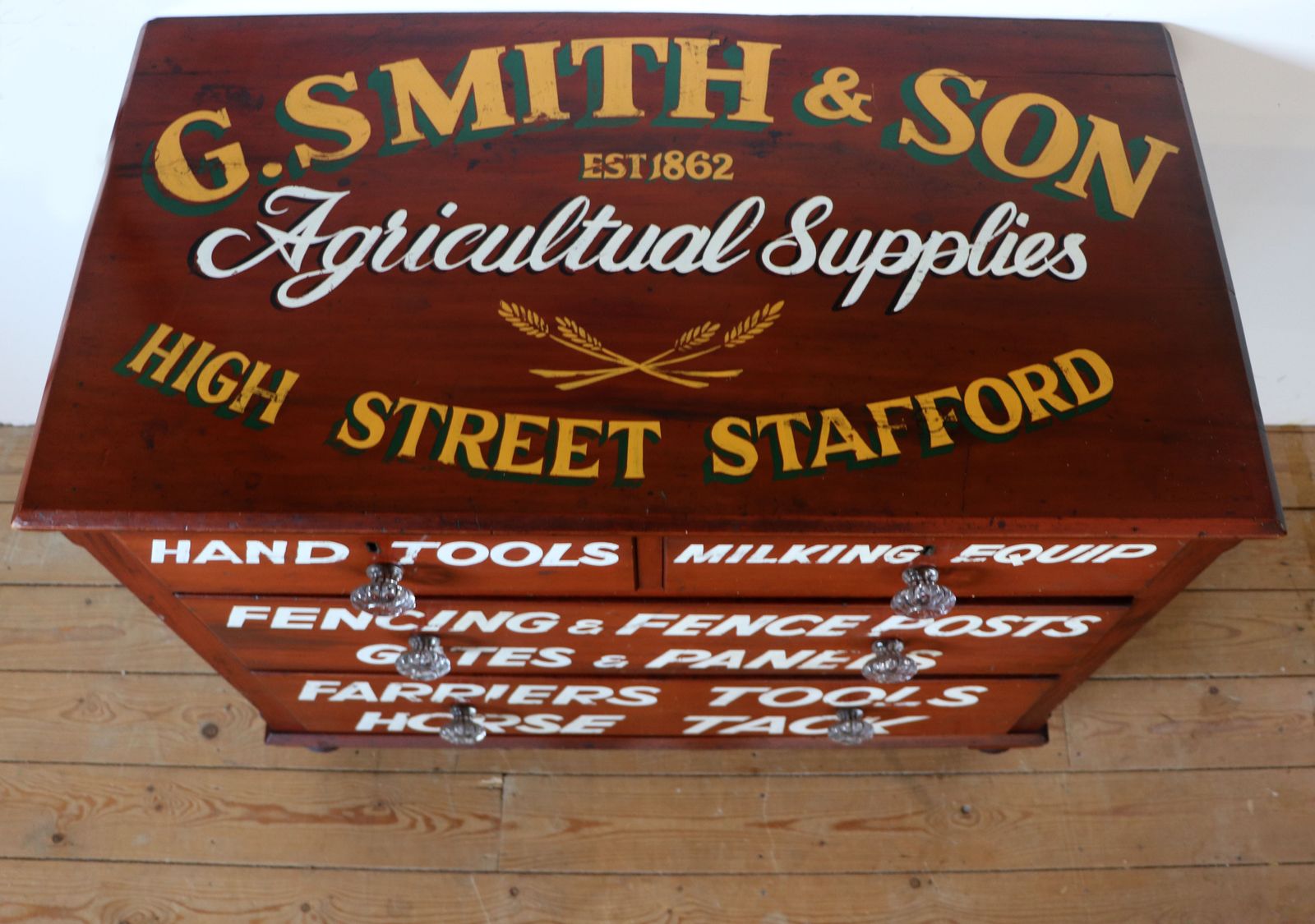 A Lovely Victorian Painted Pine Chest Of Four Drawers,  Sign Written For The Smiths Agricultural Merchants Of Stafford.