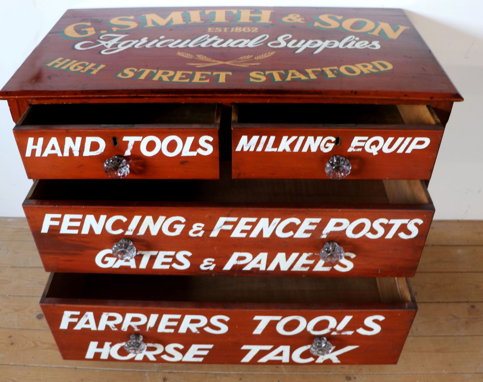 A Lovely Victorian Painted Pine Chest Of Four Drawers,  Sign Written For The Smiths Agricultural Merchants Of Stafford. photo 595.0