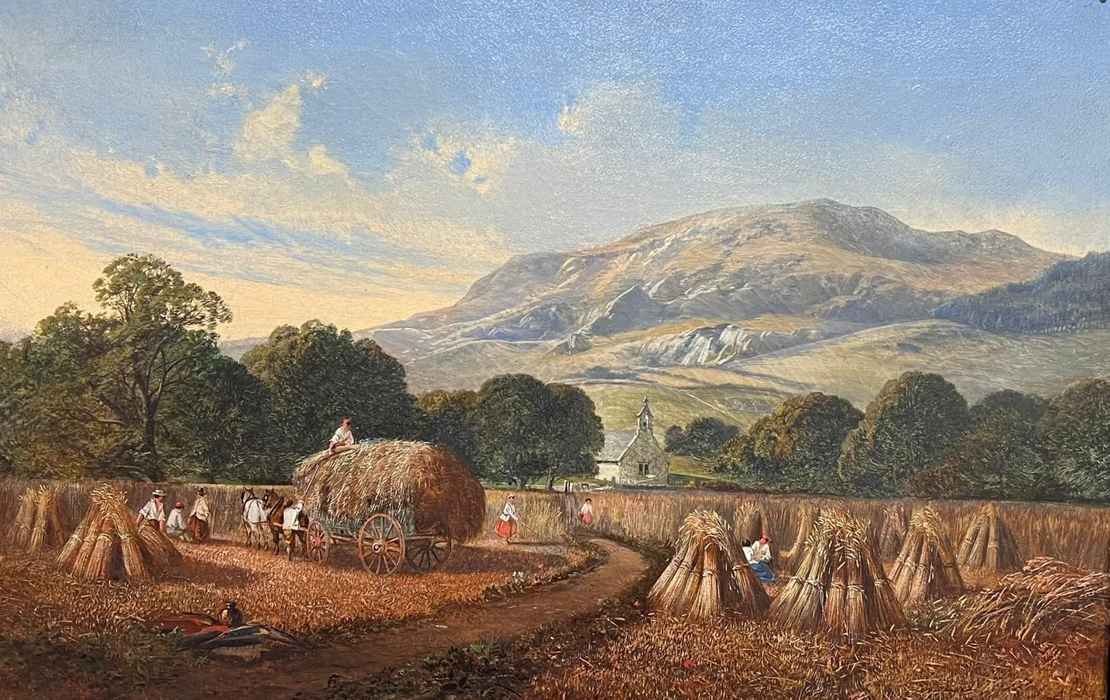 English Victorian Oil Early 19th Century Welsh Oil Painting Harvest Time Loading Haycart Mountains photo furniture