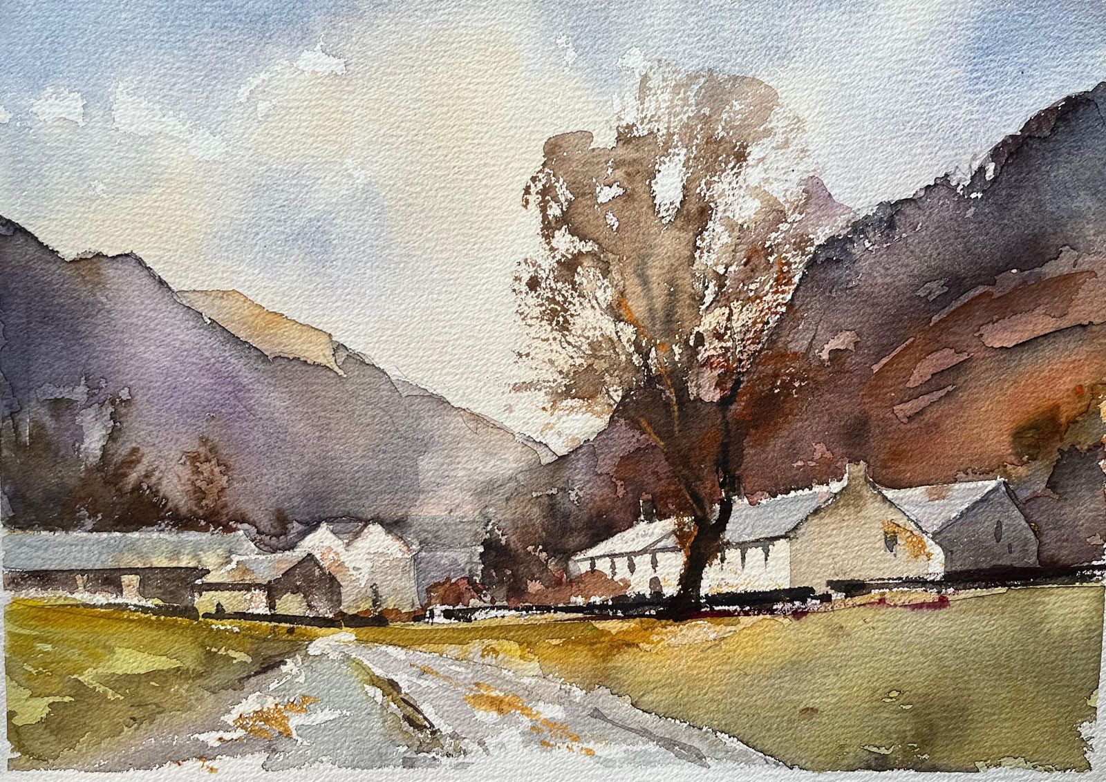 Anthony Avery British Impressionist Watercolor Of A Countryside Hamlet Beneath Rolling Hills