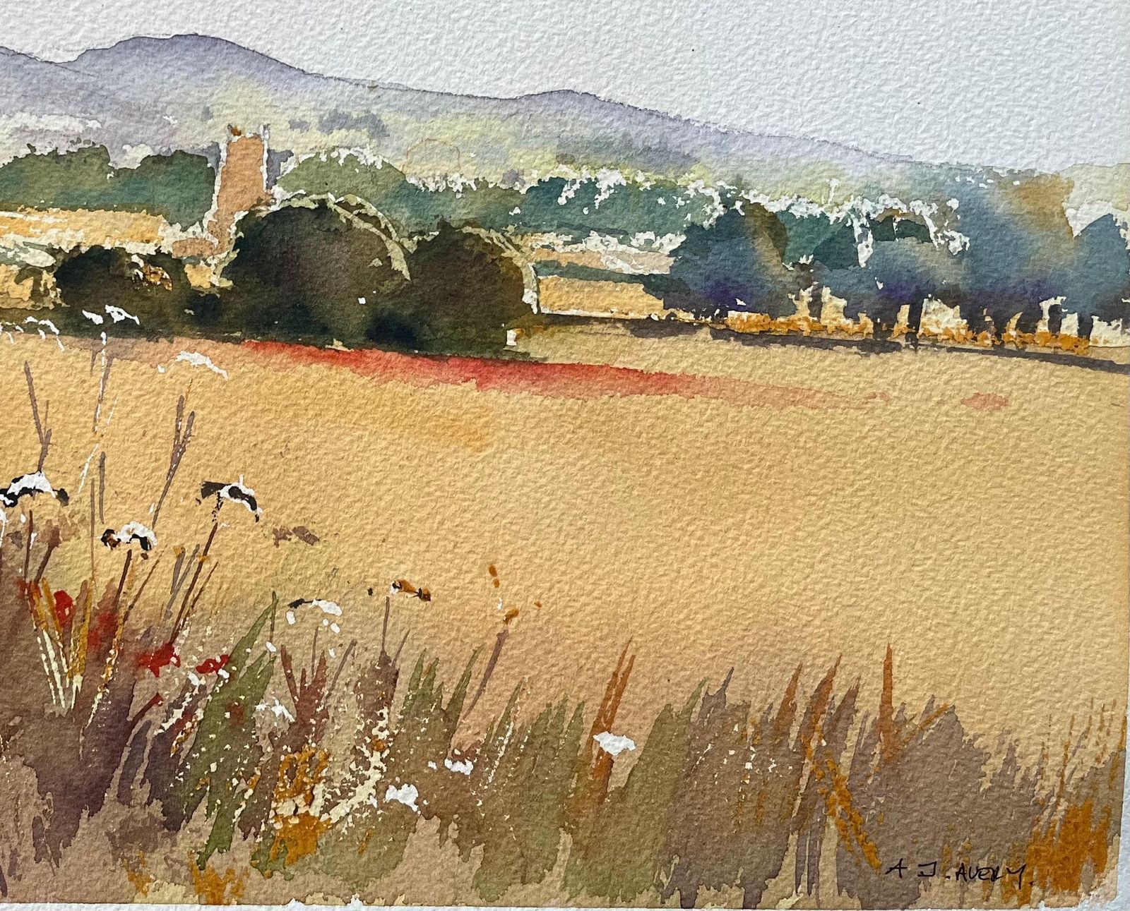 Anthony Avery British Impressionist Watercolor Of Summer Fields With Wildflowers And Church photo 485.0