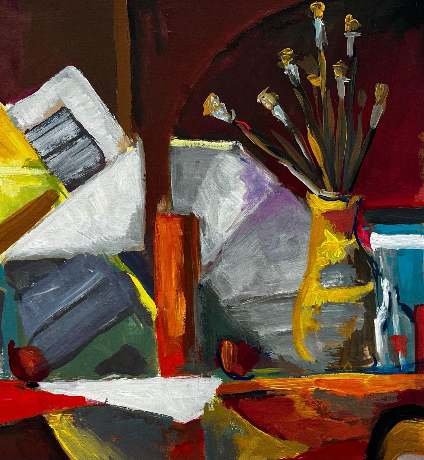 Guy Nicod Still Life With Artist Workbench Yellow Vase And Hat On Wall French Modernist photo buy