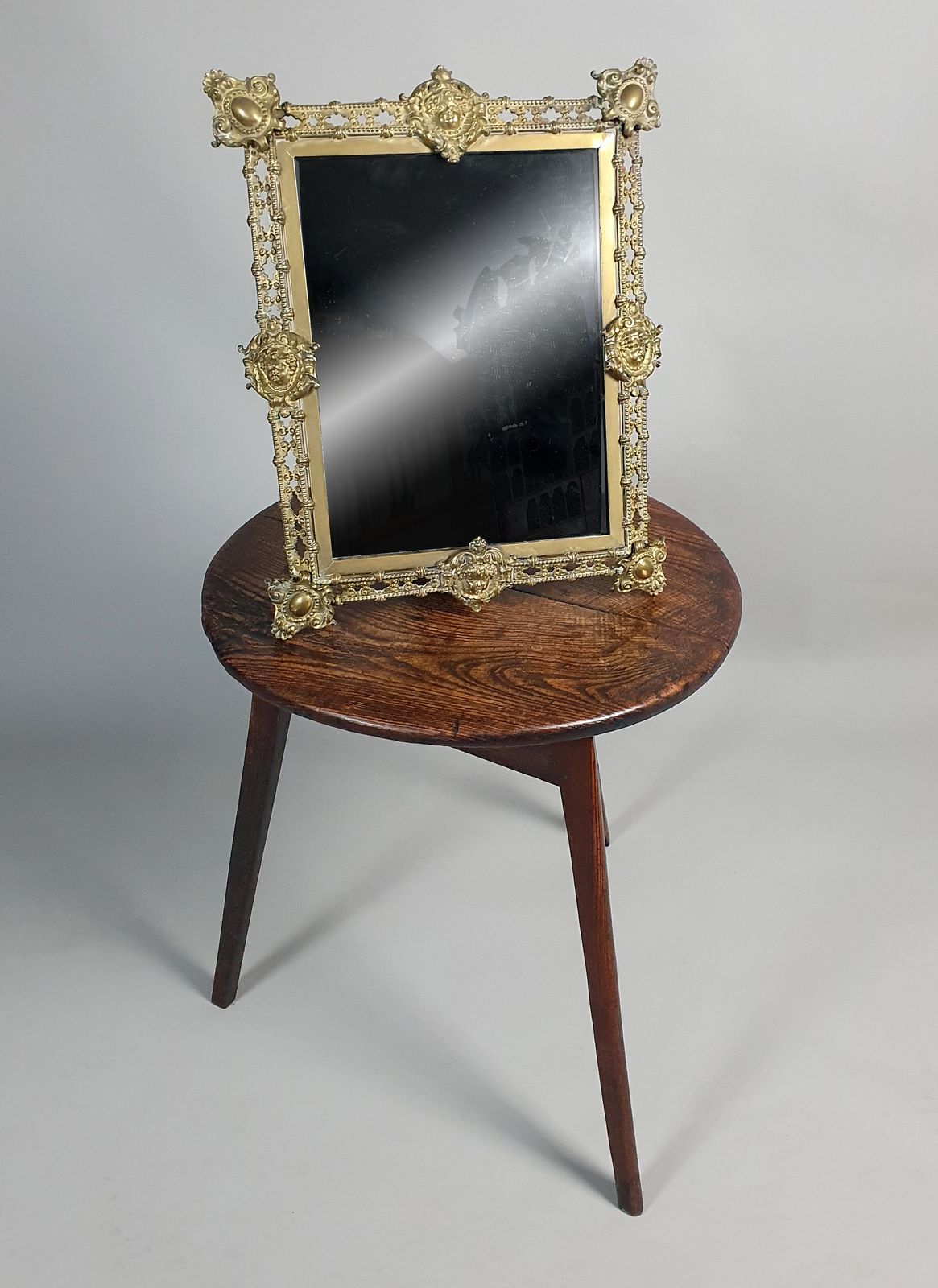 Victorian Brass Wall Hanging Mirror With Original Glass And Cherubs C. 1870 photo 280.0