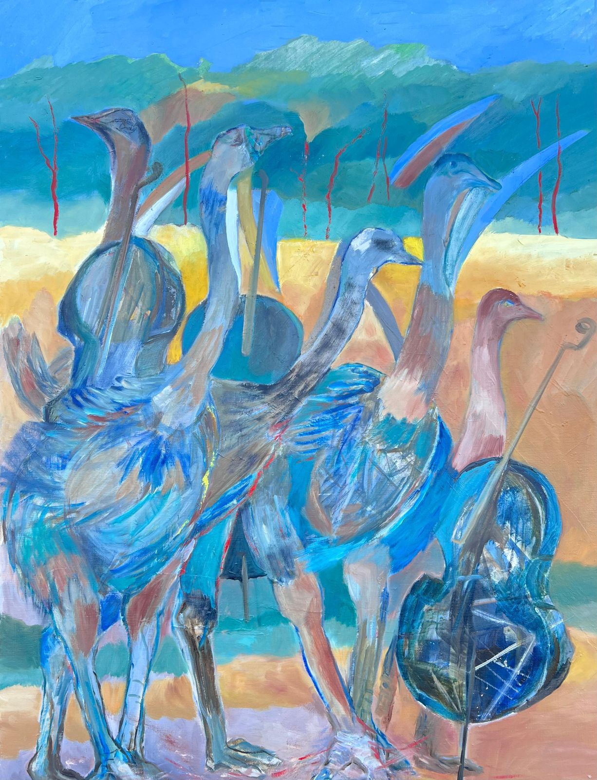 Jacqueline Verdet (1931 2023) Huge French Contemporary Modernist Abstract Oil Painting Exotic Blue Green Birds