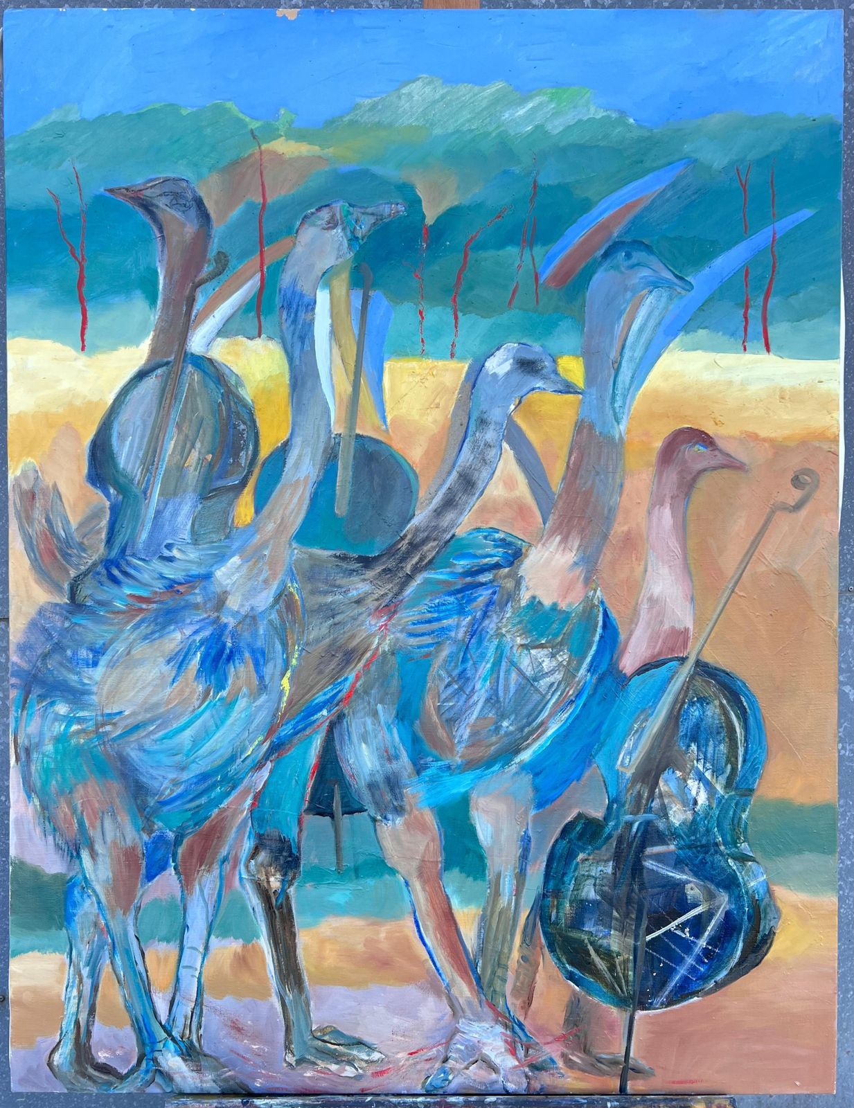 Jacqueline Verdet (1931 2023) Huge French Contemporary Modernist Abstract Oil Painting Exotic Blue Green Birds photo furniture