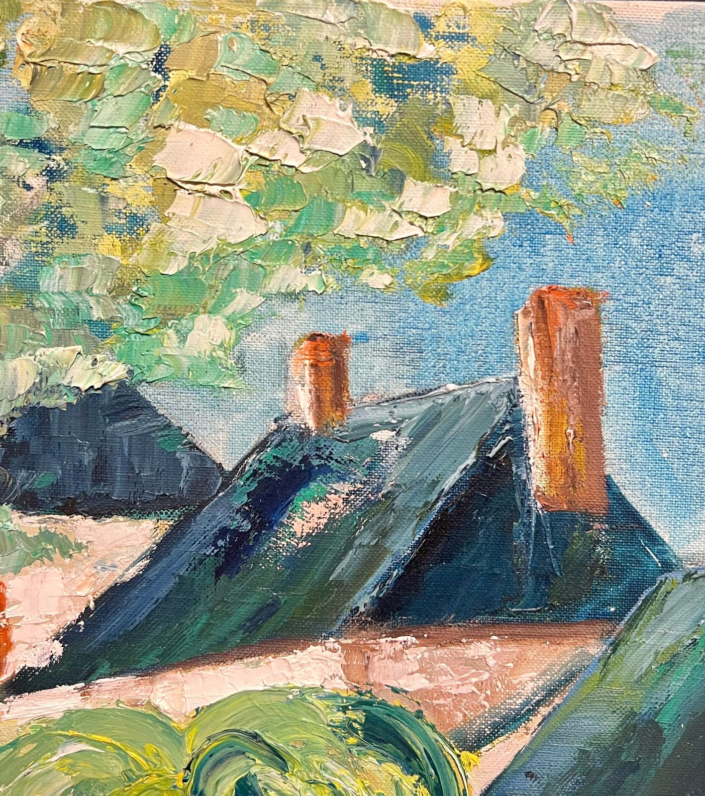 French School Riverside Cottages Large French Impressionist Oil Painting Of A Waterscape 1970's photo vinterior