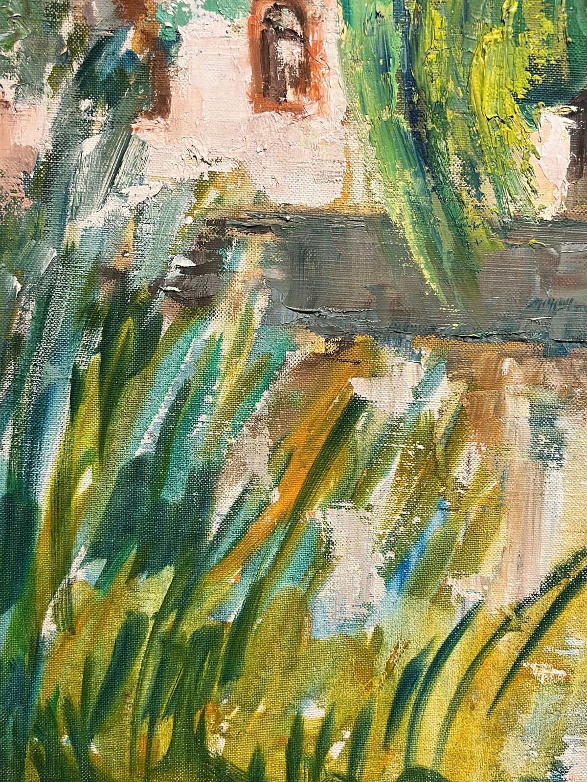 French School Riverside Cottages Large French Impressionist Oil Painting Of A Waterscape 1970's photo vintage