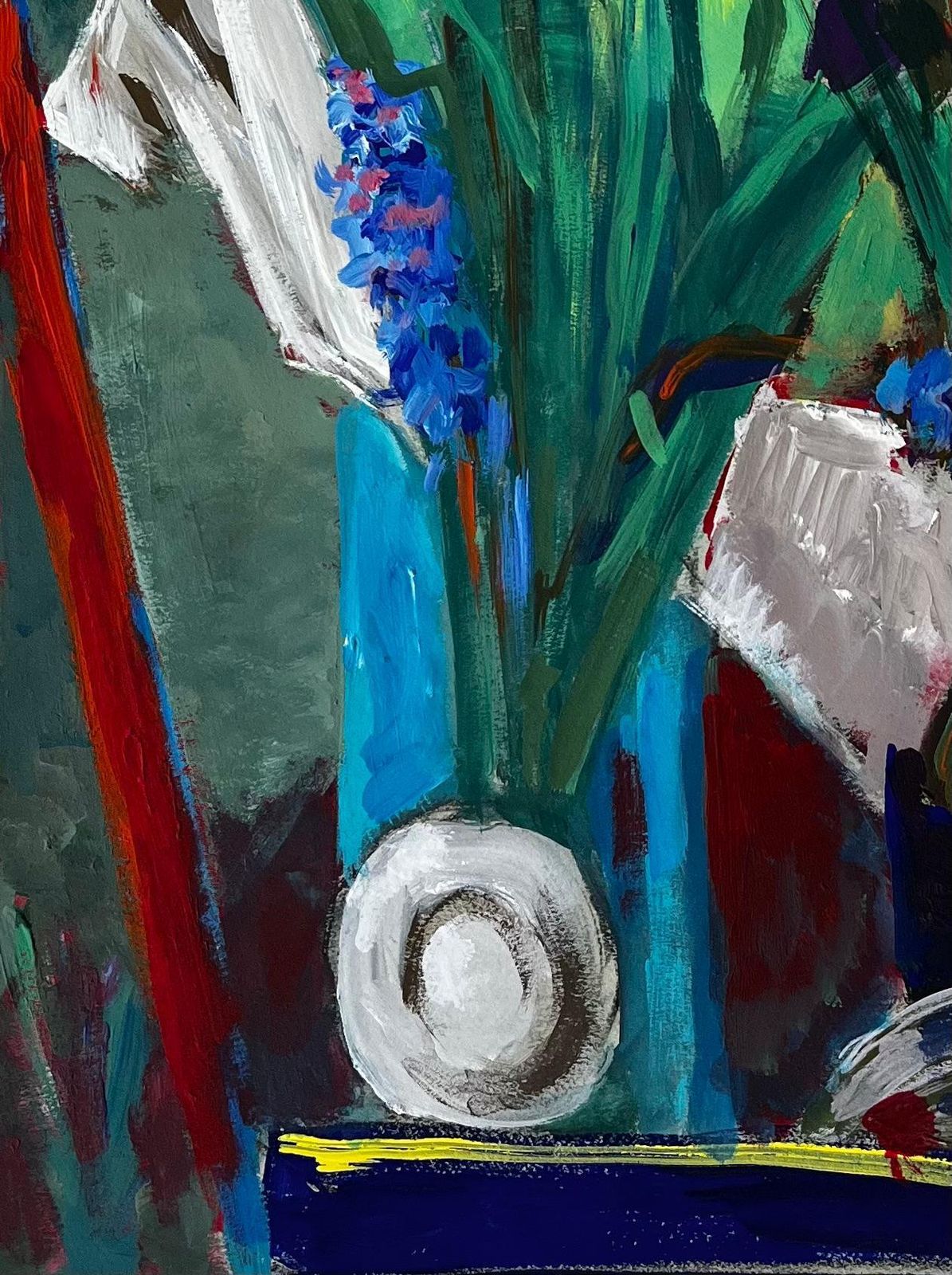 Guy Nicod Still Life With Blue Flowers And Green Drapery French Modern Gouache Painting photo Art