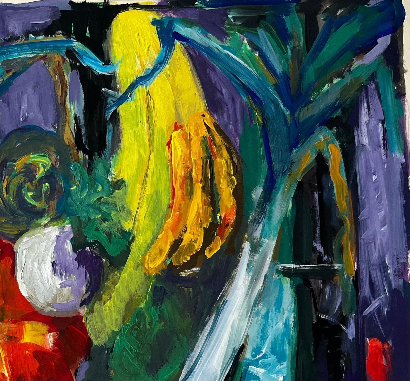 Guy Nicod Vibrant Still Life With Bananas Pumpkin And Leeks French Modernist Gouache photo vinterior
