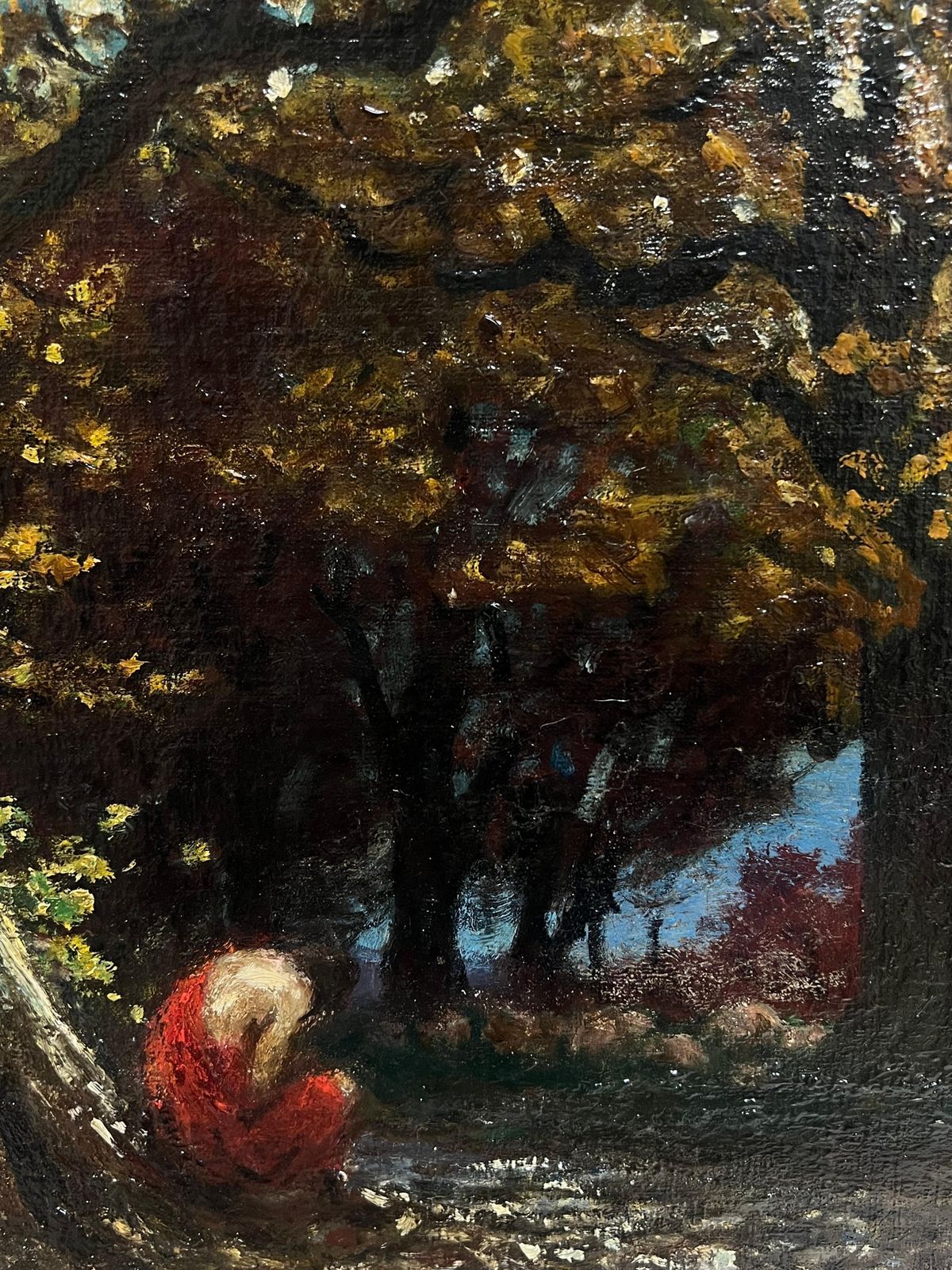 Antique French Barbizon Mid 19th Century French Barbizon Woodland Oil Painting Semi Nude Figure 1953 photo 1395.0