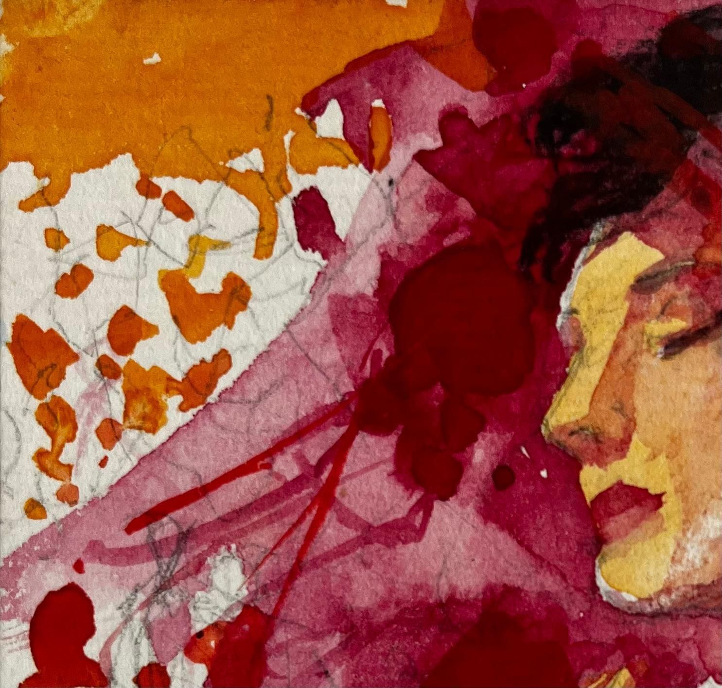 Pierre Neveu Expressive Female Portrait In Red Watercolor Gouache French Modernist photo vinterior