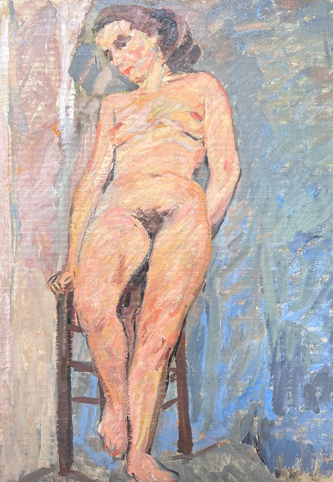 Suzanne Dinkes Nude Portrait Of A Lady Posed On Stall Mid Century French Impressionist Painting 1950's