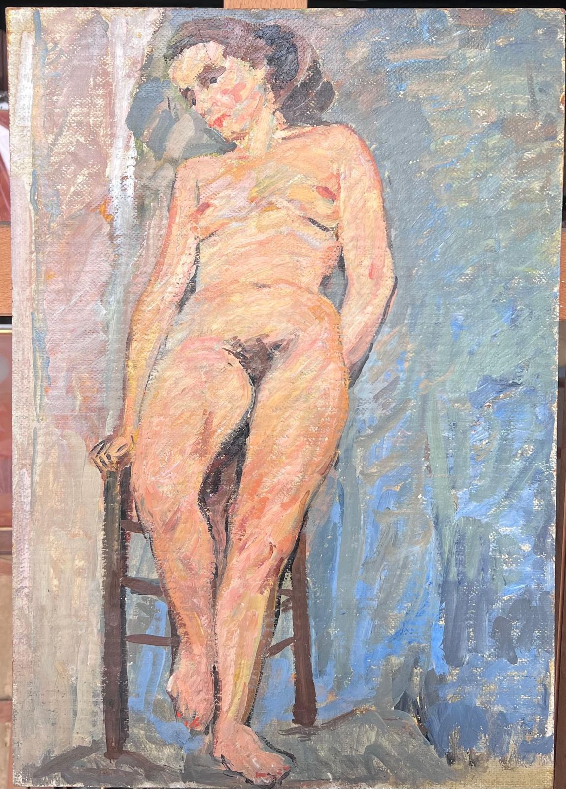 Suzanne Dinkes Nude Portrait Of A Lady Posed On Stall Mid Century French Impressionist Painting 1950's photo furniture