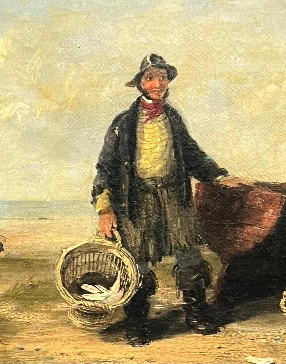 19th Century British School Antique British Oil Painting Fisherman In Beach With His Catch Of Fish 1953 photo 950.0