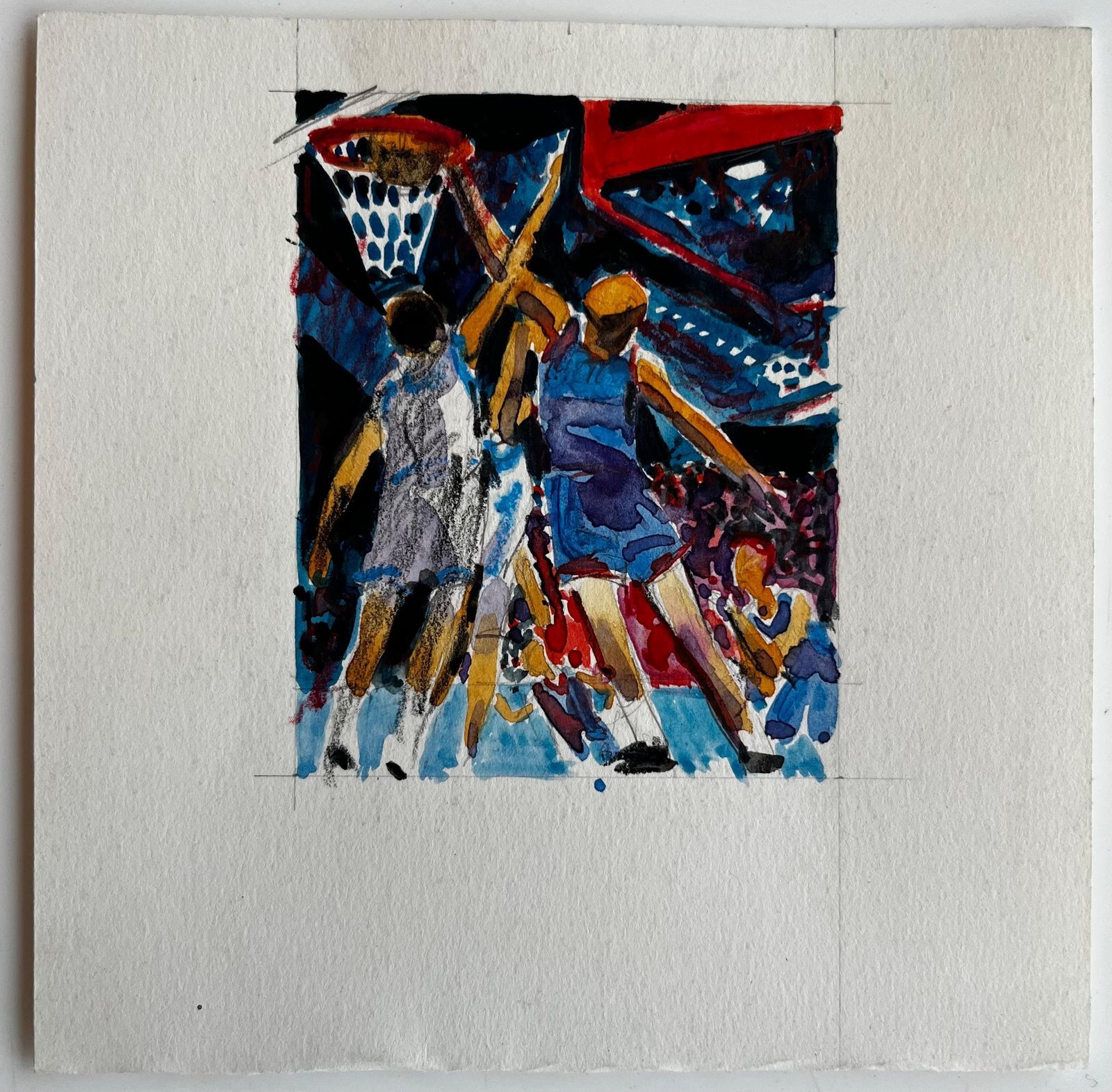 Pierre Neveu Basketball Players Under Stadium Lights Dynamic French Modernist Watercolor photo furniture