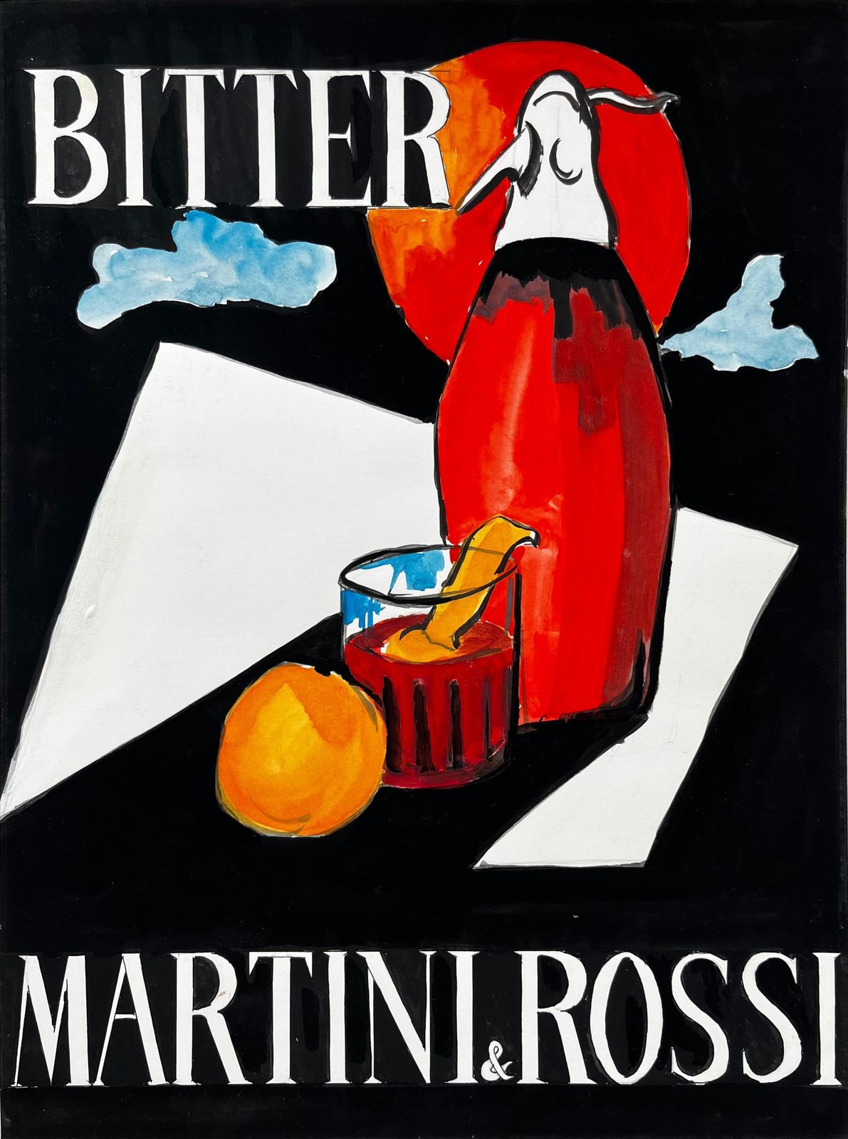 Guy Nicod Martini And Rossi Bitter Vintage Cocktail Advertising French Modernist Gouache