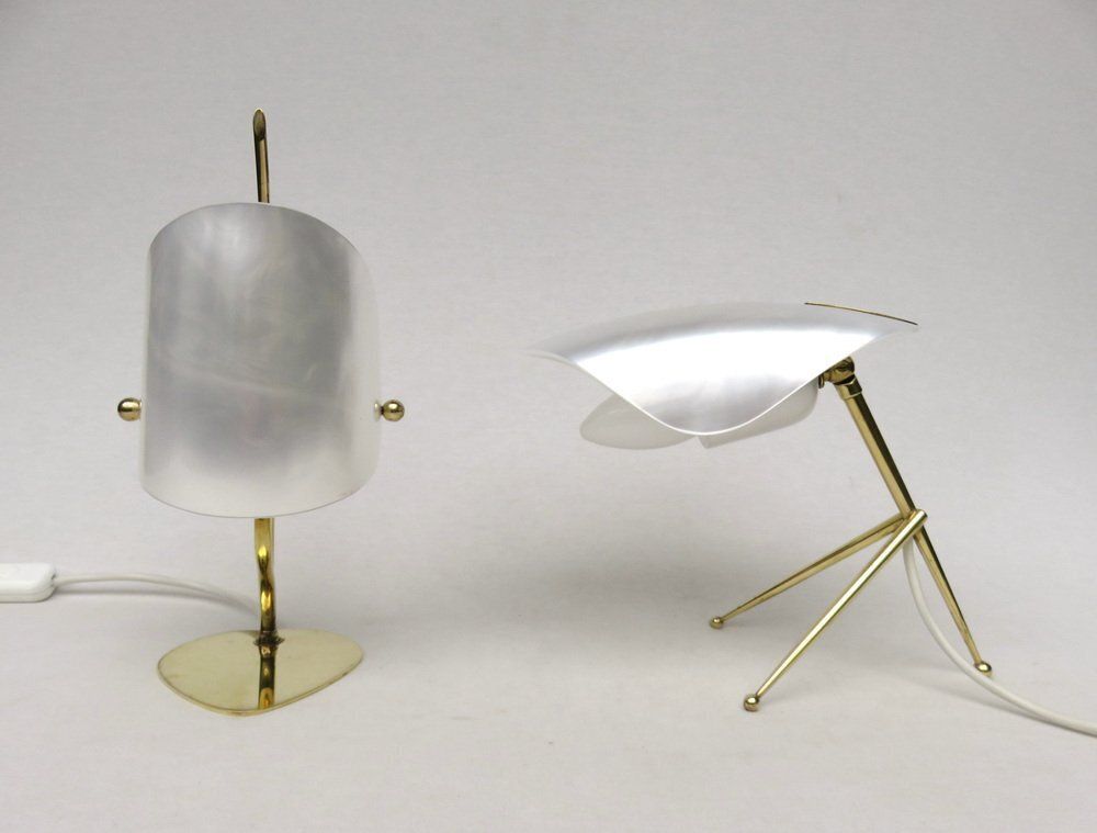 Bedside Table Lamps In Brass And Pearl Colored Acrylic Glass From Wkr Lamps, 1950s, Set Of 2