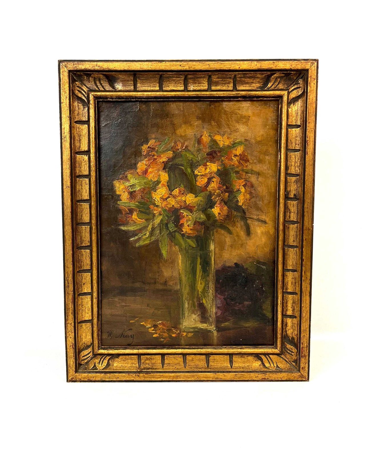 Beautiful French Antique Impressionism Still Life Oil Painting Flowers In Vase Gold Frame Signed H. Niay