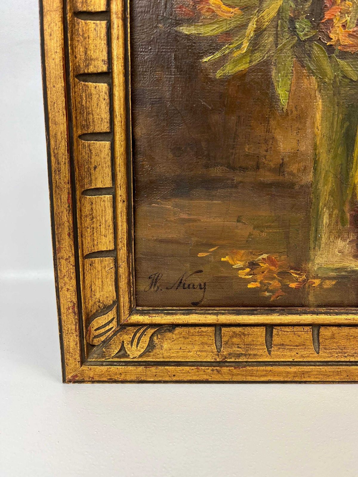 Beautiful French Antique Impressionism Still Life Oil Painting Flowers In Vase Gold Frame Signed H. Niay photo for sale