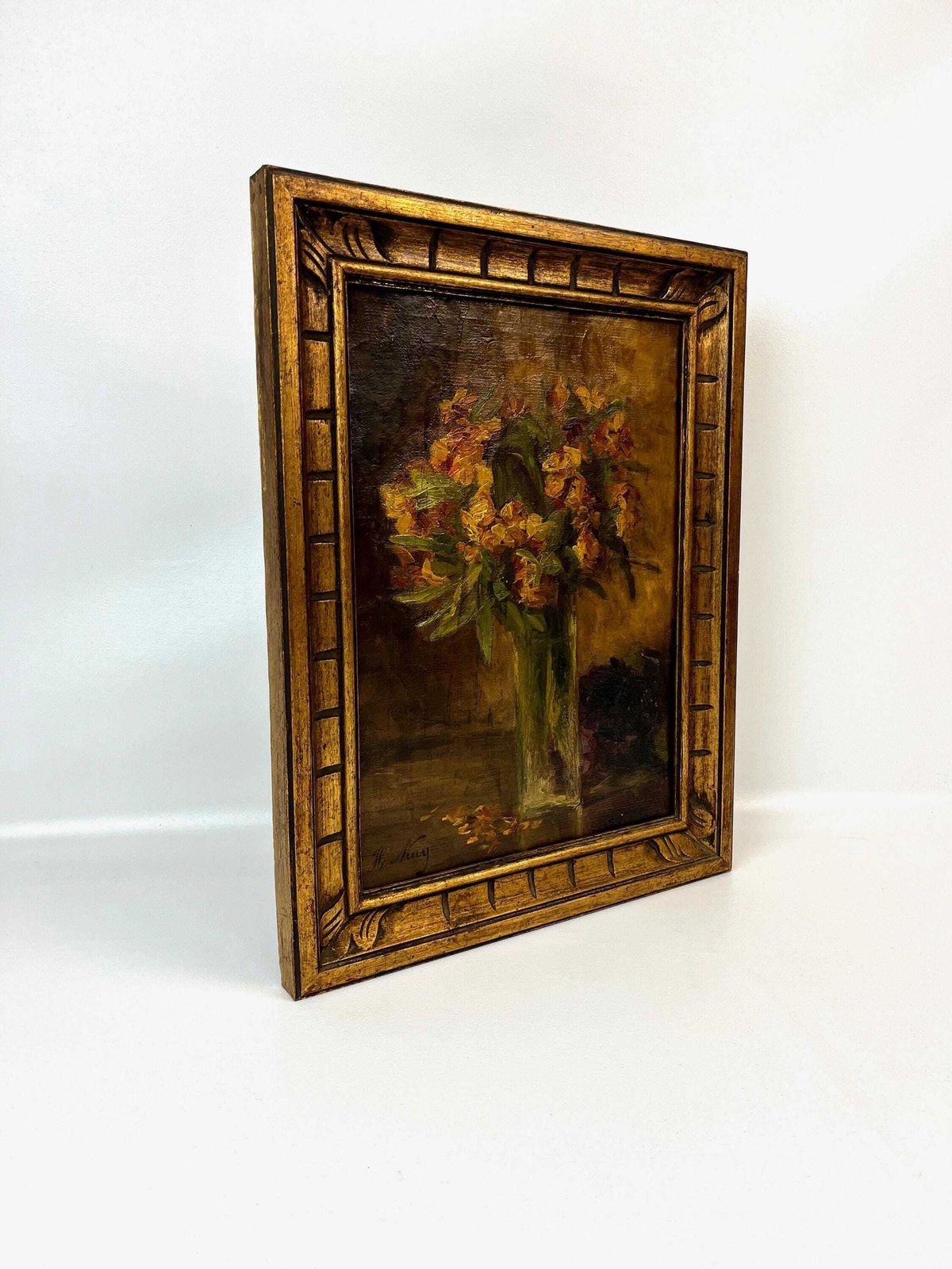 Beautiful French Antique Impressionism Still Life Oil Painting Flowers In Vase Gold Frame Signed H. Niay photo vinterior