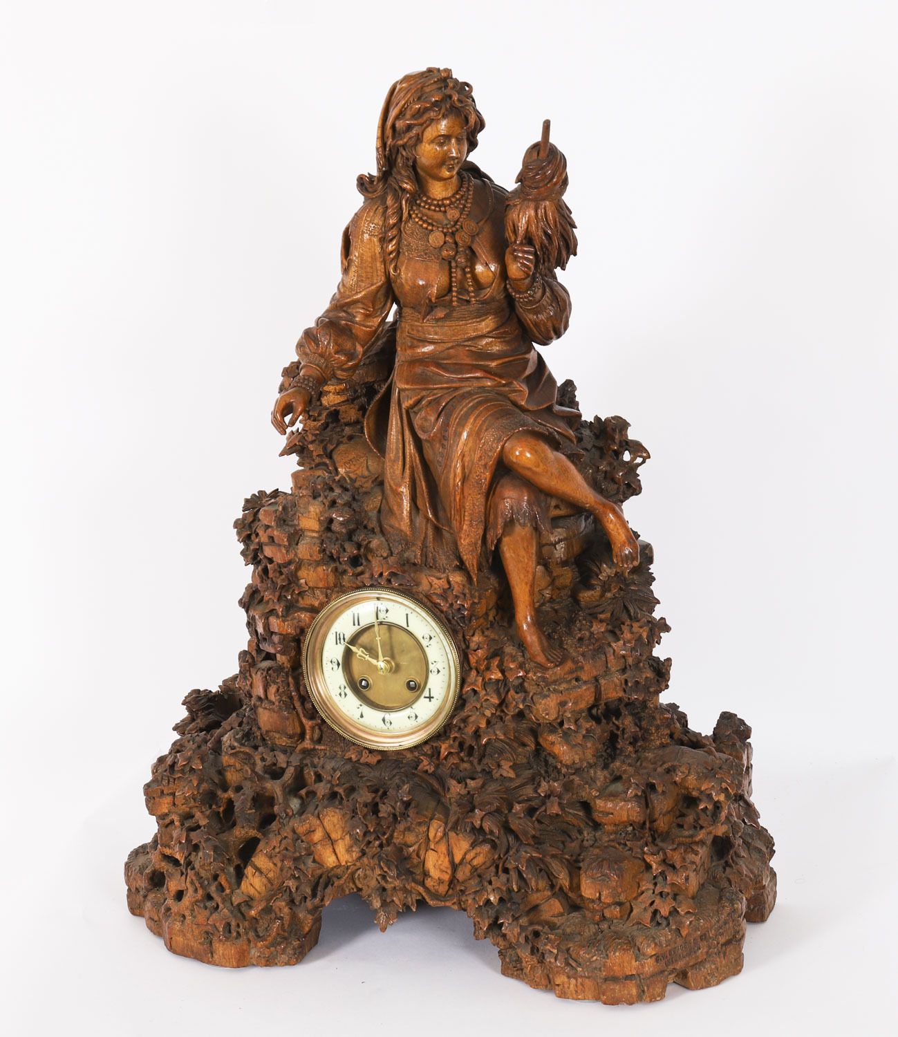 Antique Swiss 'Black Forest' Carved Linden Wood Clock By Bergen & Co 19th C