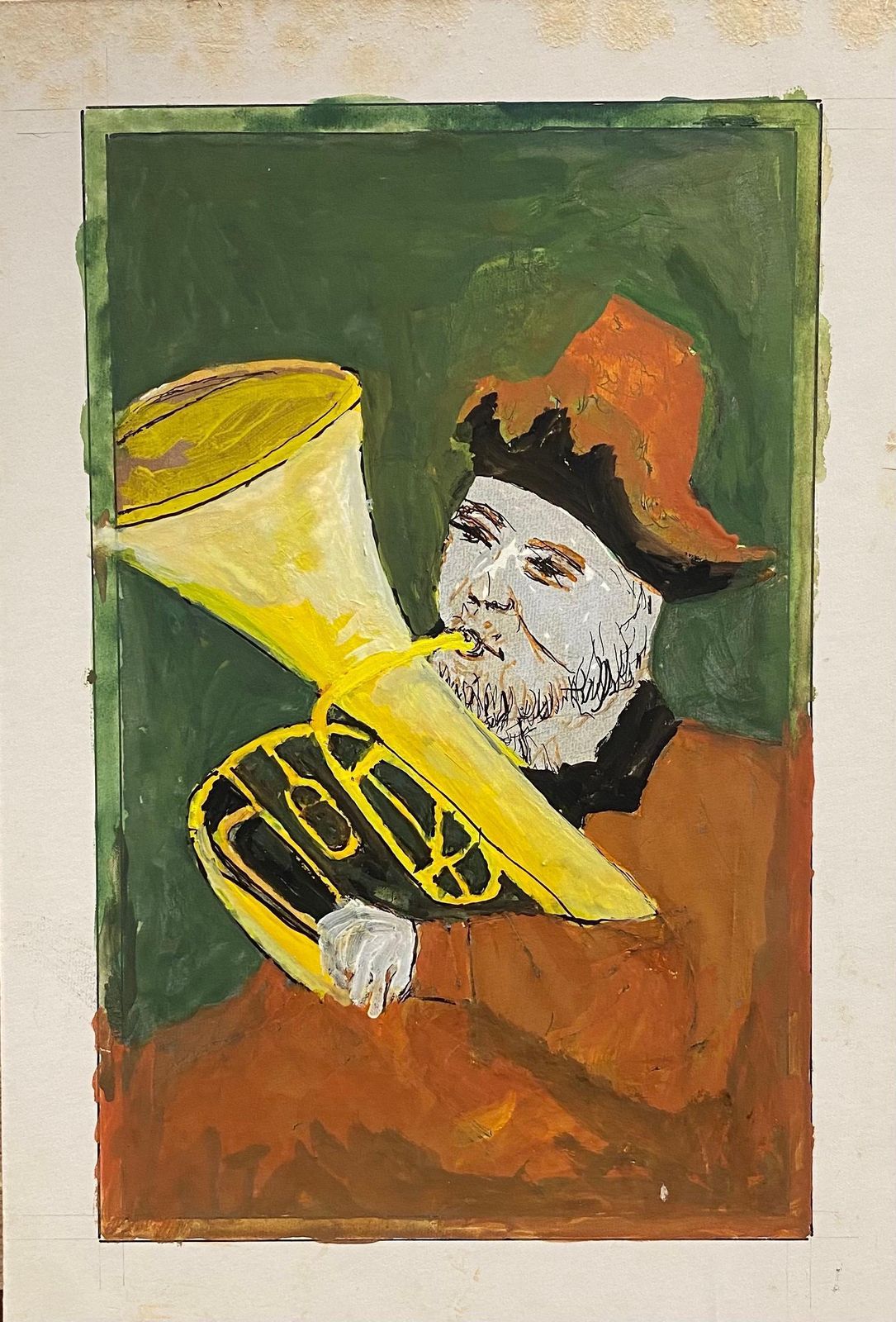 Unknown 1950's French Modernist/ Cubist Painting, Man Playing Tuba 1950s photo furniture