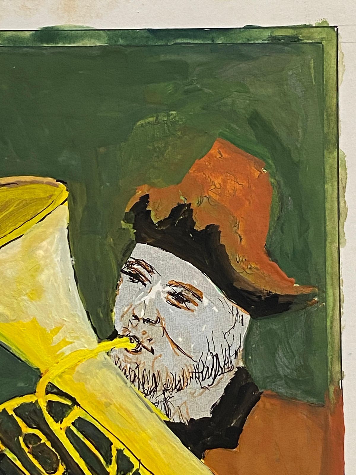 Unknown 1950's French Modernist/ Cubist Painting, Man Playing Tuba 1950s photo vinterior